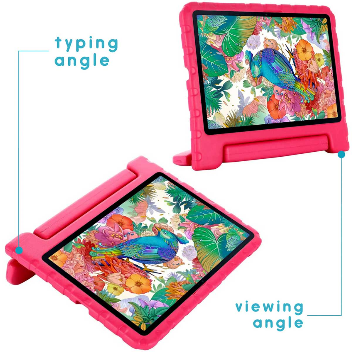 Pink tablet case with tablet showing bird and flower design. Cyan text labels, white background.