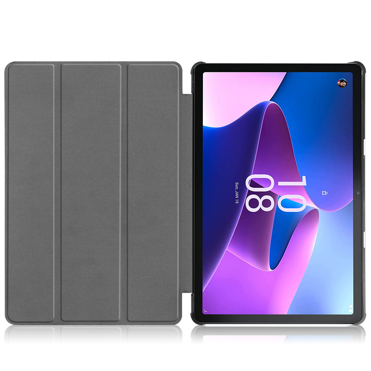 Tablet in a grey case, open to show the screen, with the date and time.