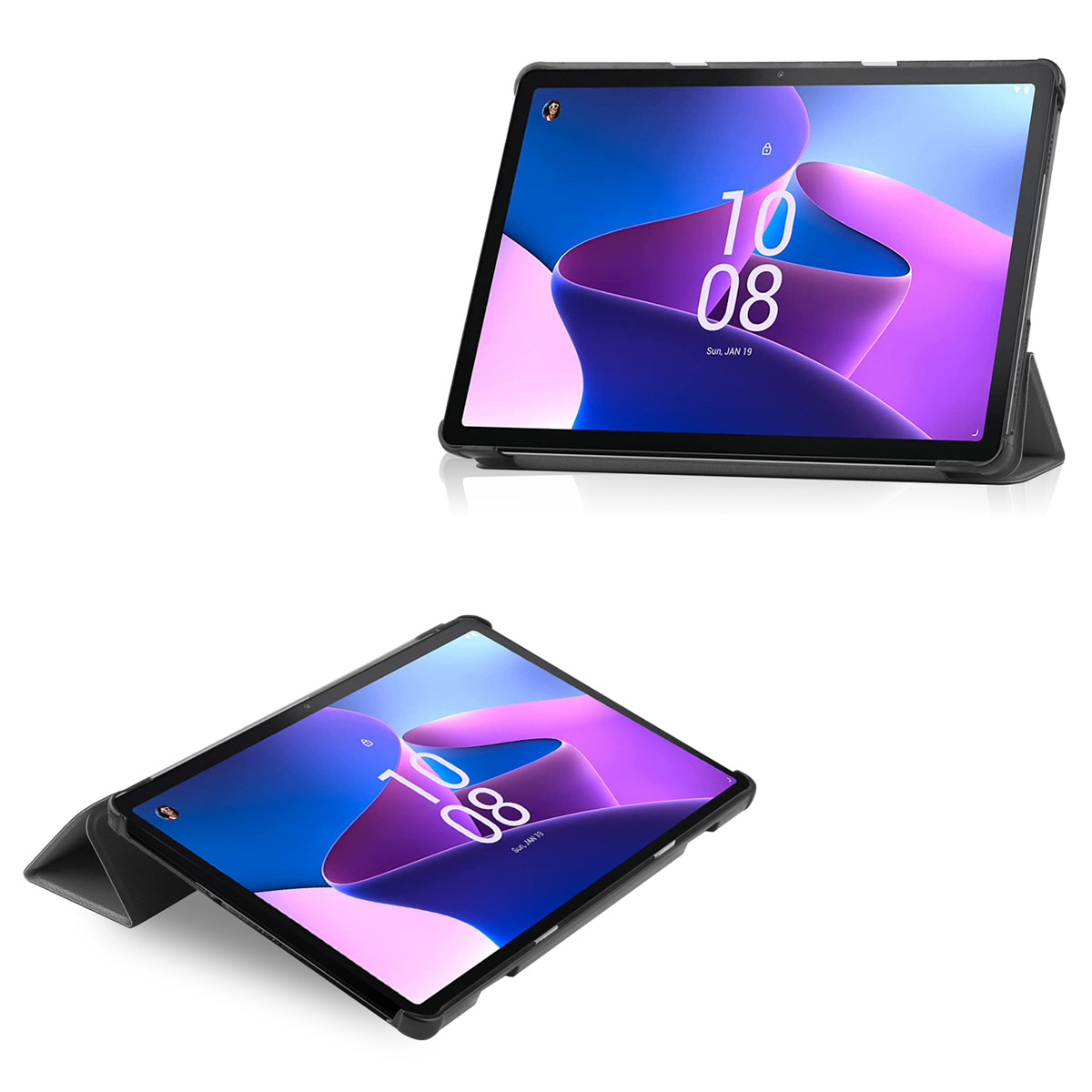Two tablets in black cases. One is angled on a stand, showing a digital display. Second one is on a flat surface.
