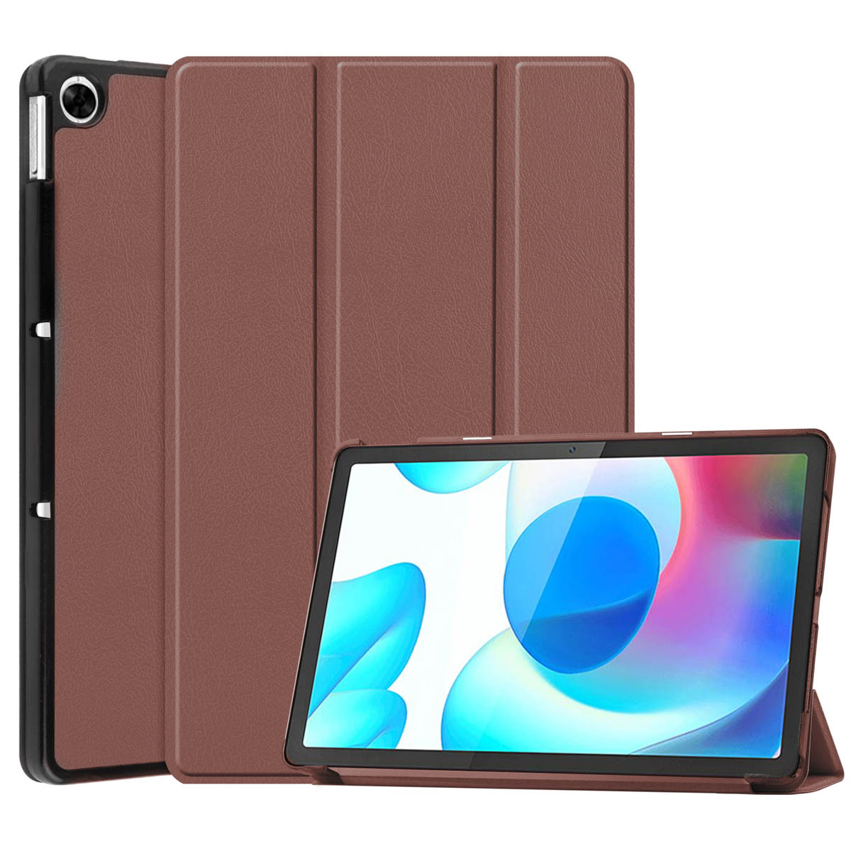 Tablet in a brown case. Case is propped up. Screen is on. The back of the case is visible.