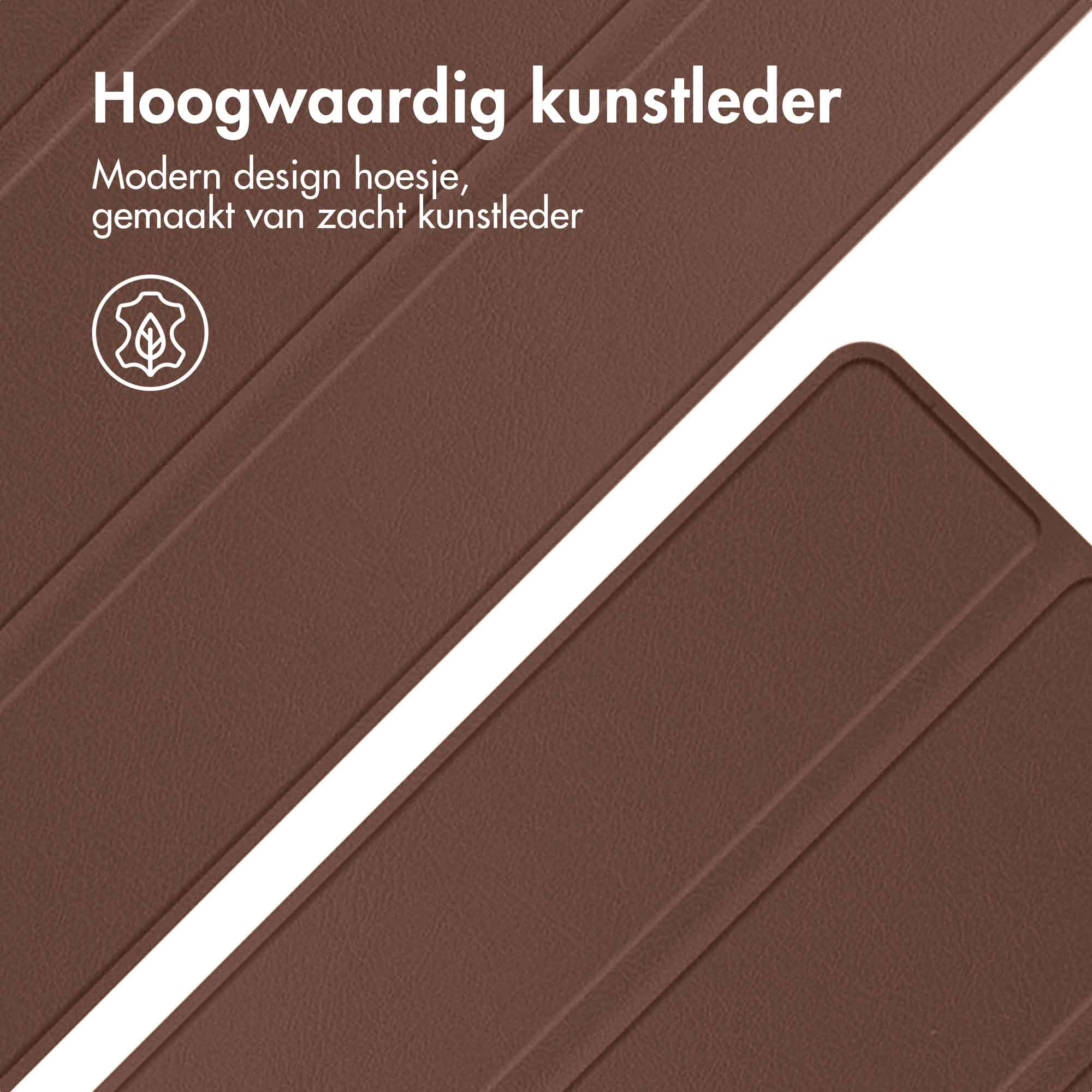 Close-up of brown leather. The leather case is on a white surface. The text says: high-quality faux leather.