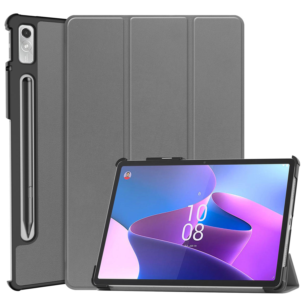 Tablet in grijze hoes en een pen. Tablet toont datum en tijd. Pen staat links.