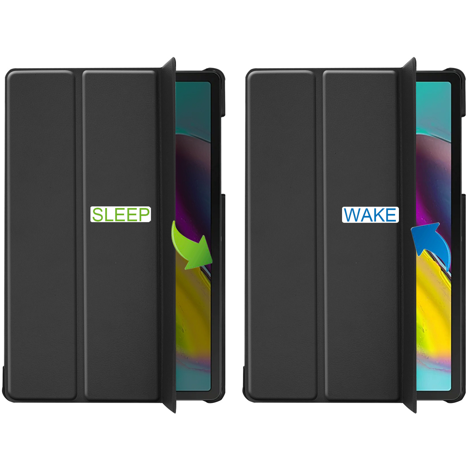 Black tablet case in sleep and wake modes with arrow icons.