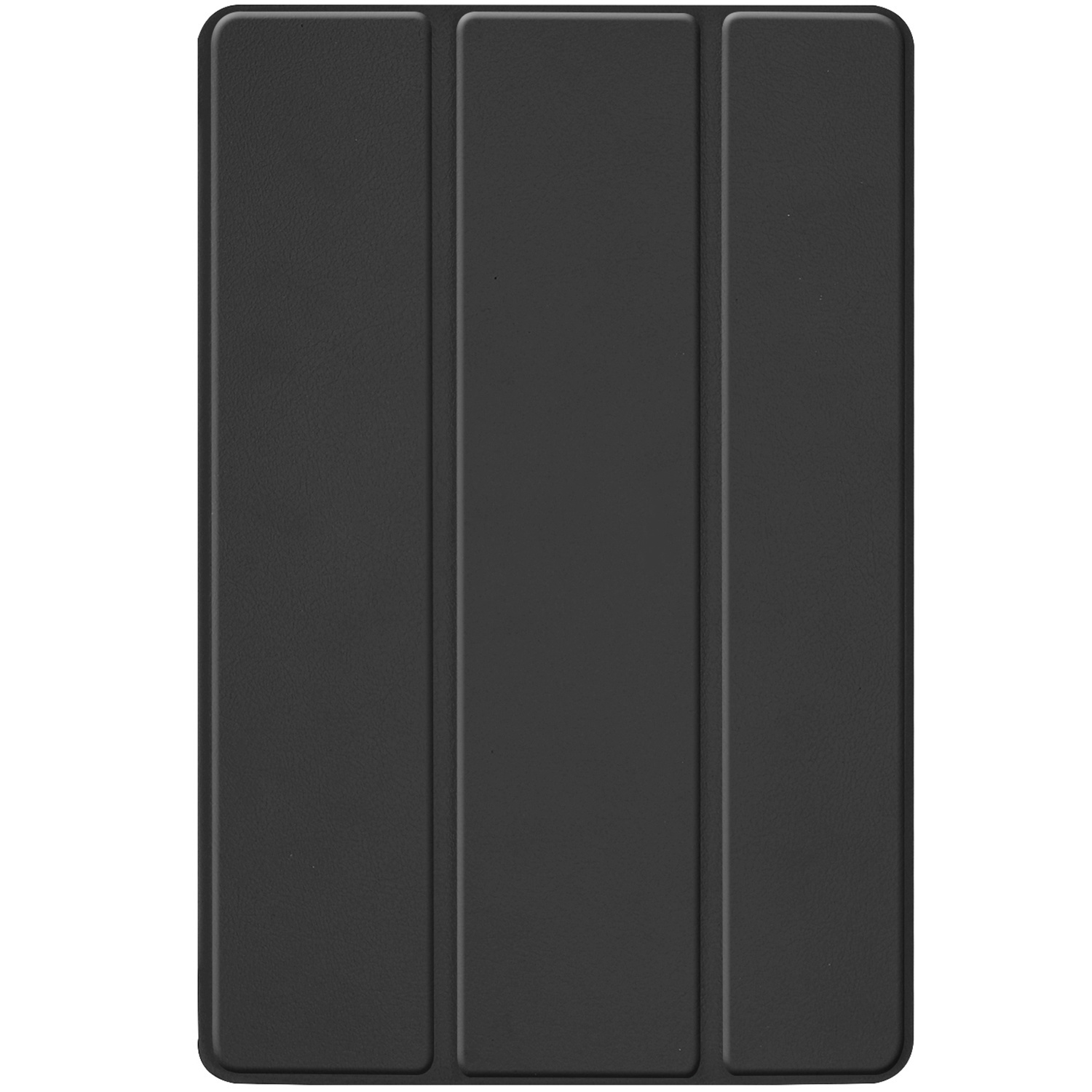 Black tablet case with three fold-out panels, leather texture.