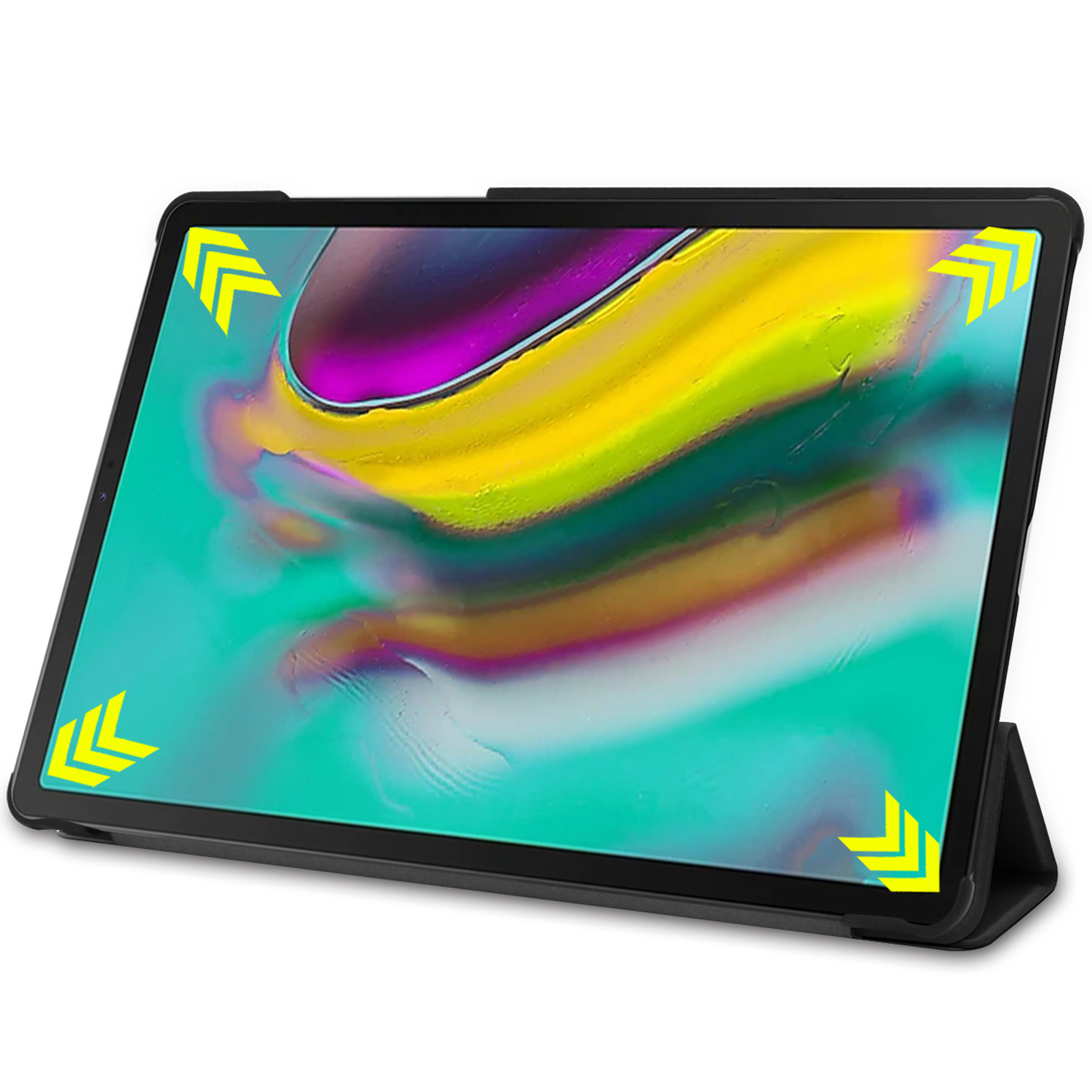 A black tablet with a colorful wallpaper, standing upright.