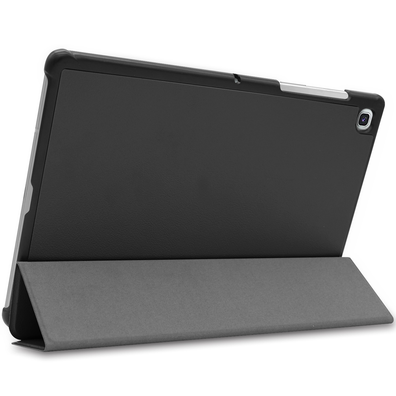 A black tablet case with a gray stand, on a white background.