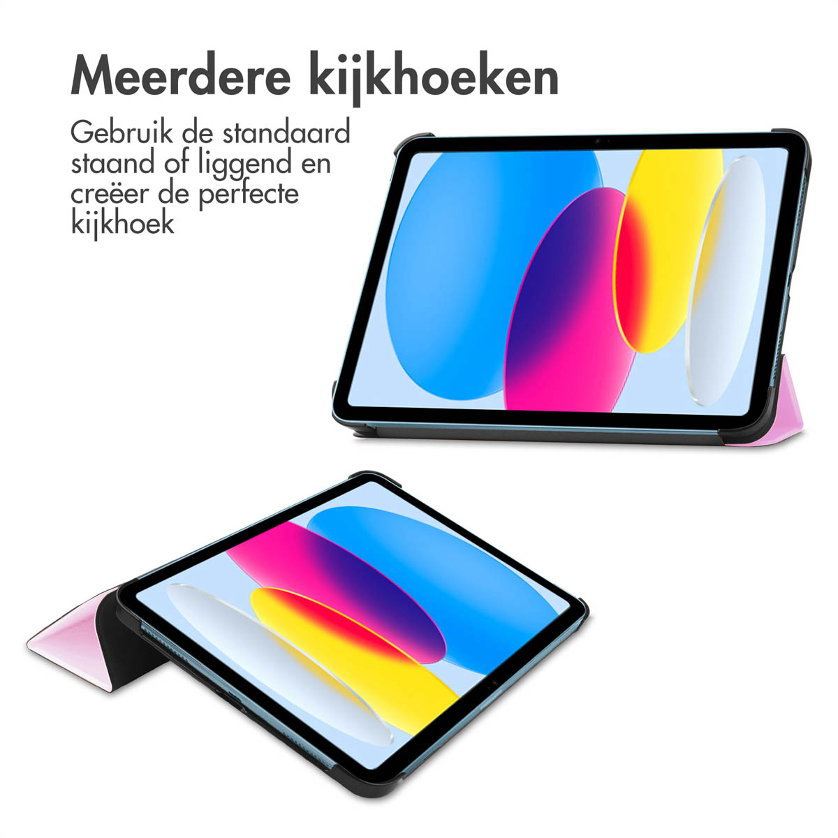 Een tablet in een hoes, getoond in twee verschillende posities. De tablet ligt op een witte ondergrond.