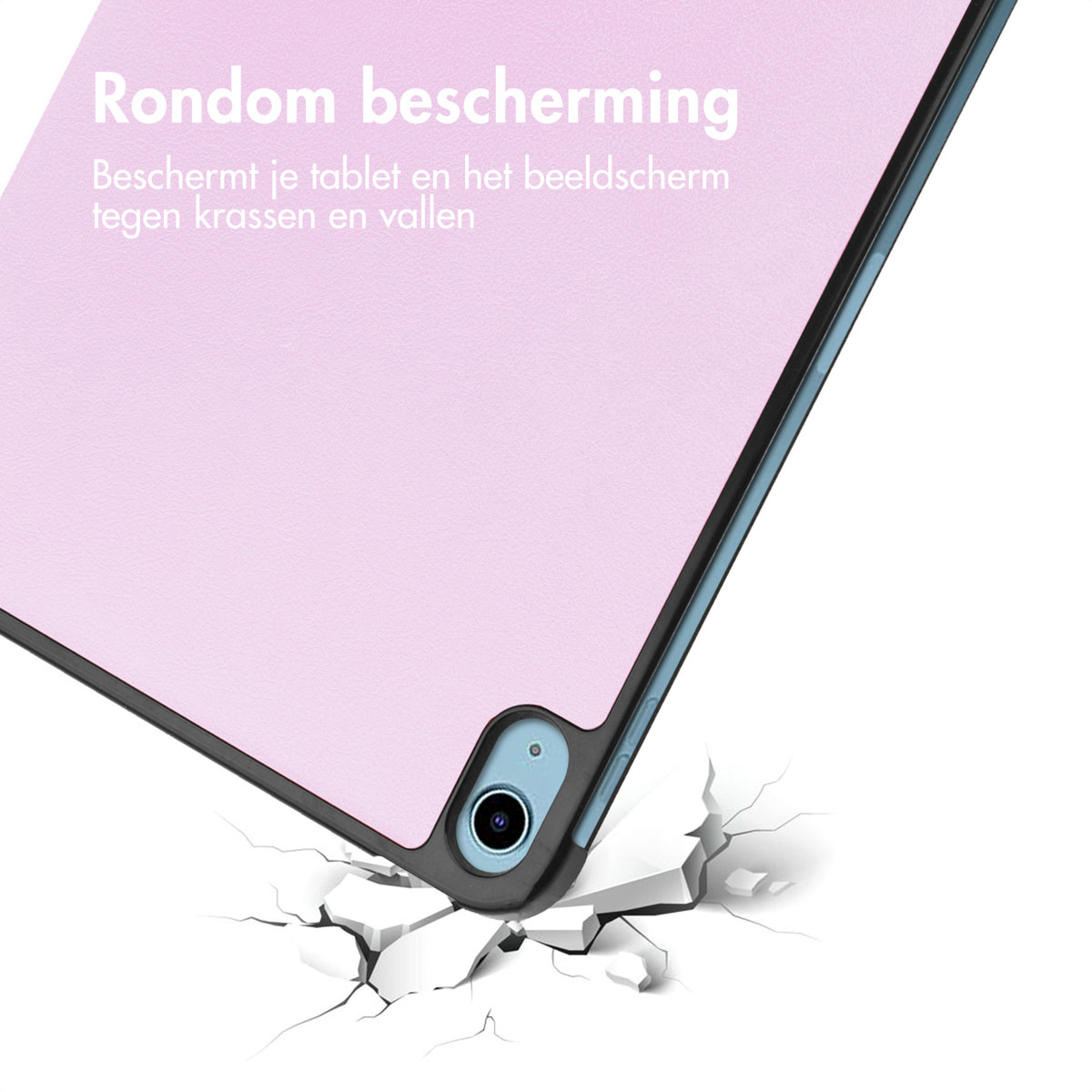 Tablethoes met een roze hoes, die de hoek van de tablet toont met een scheurgrafiek.
