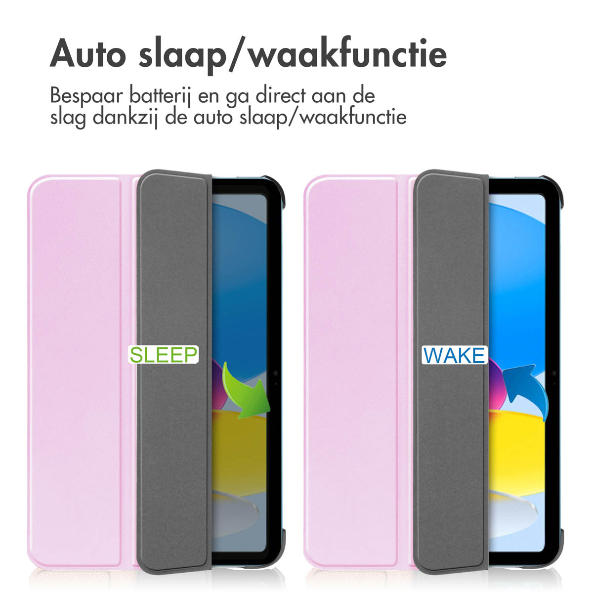 Tablethoes die slaap- en waakmodi toont met roze hoes en grijs interieur.