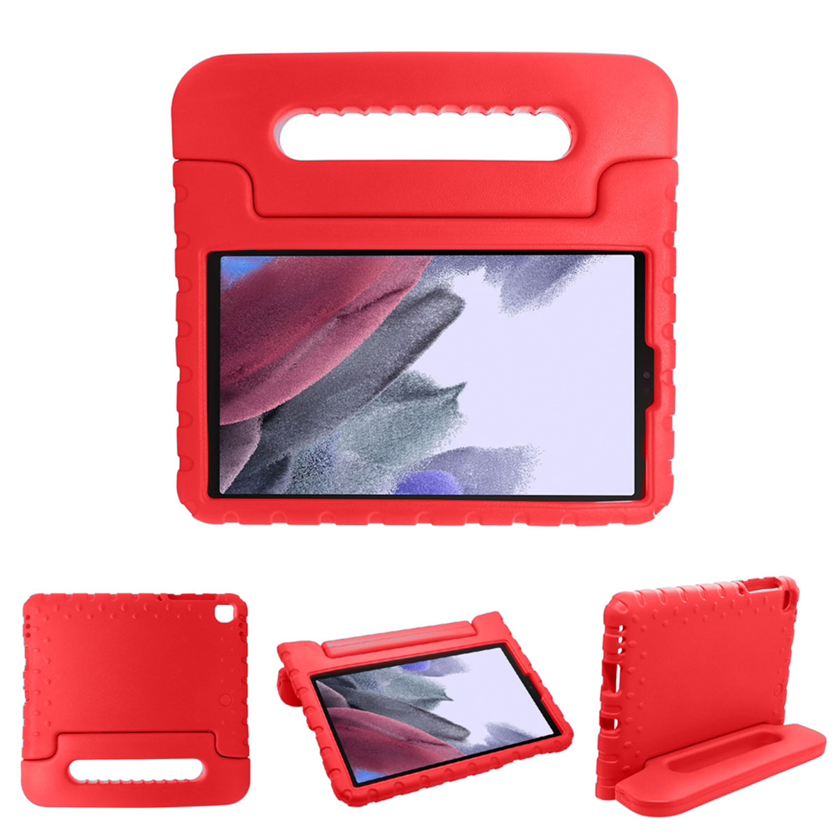 Rode tablethoes met een tablet erin. Verschillende hoeken worden getoond.