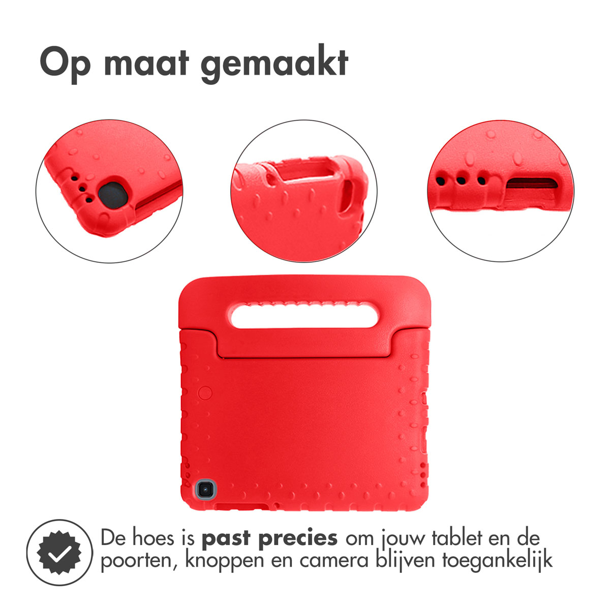 Rode tablethoes met detailopnamen van de poorten en de handgreep.