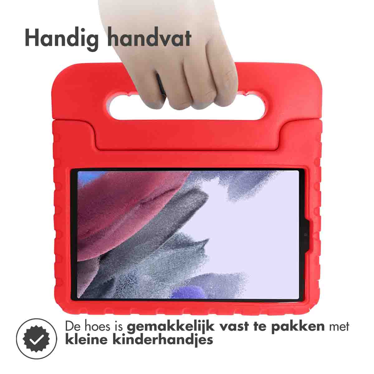 Rode tablethoes met handvat, tekst geeft aan dat het gemakkelijk vast te houden is met kleine handen.