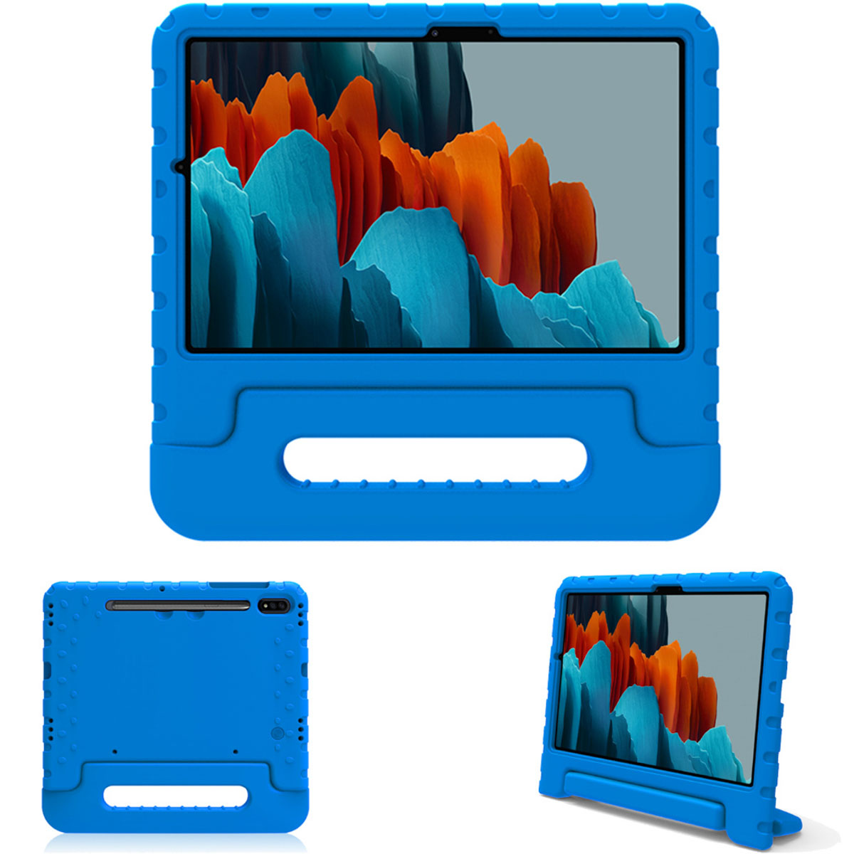 Blue tablet case, with a stand and camera cutout. Tablet is in the case.