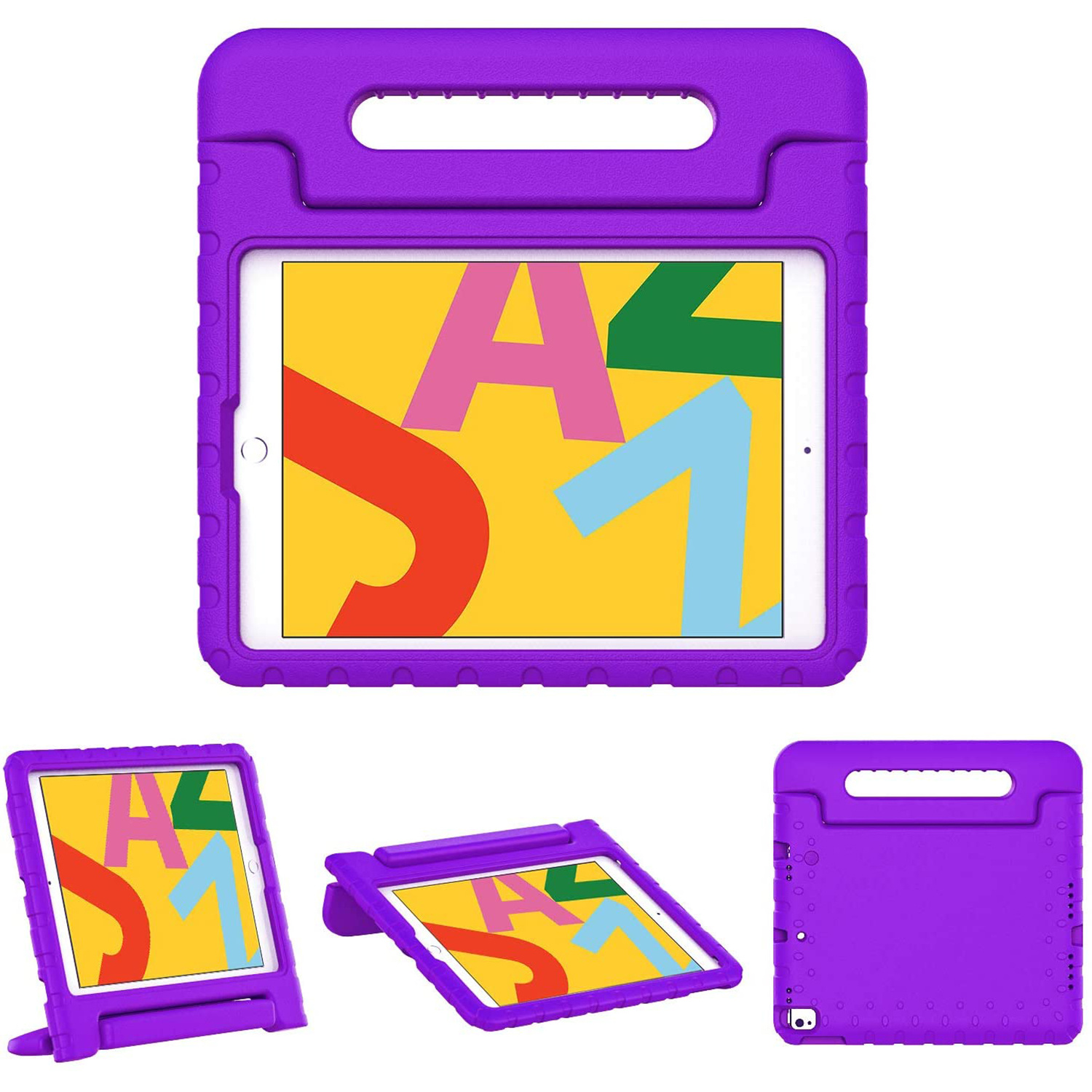 Een paarse tablethoes met een handvat, met een tablet met kleurrijke letters en cijfers.