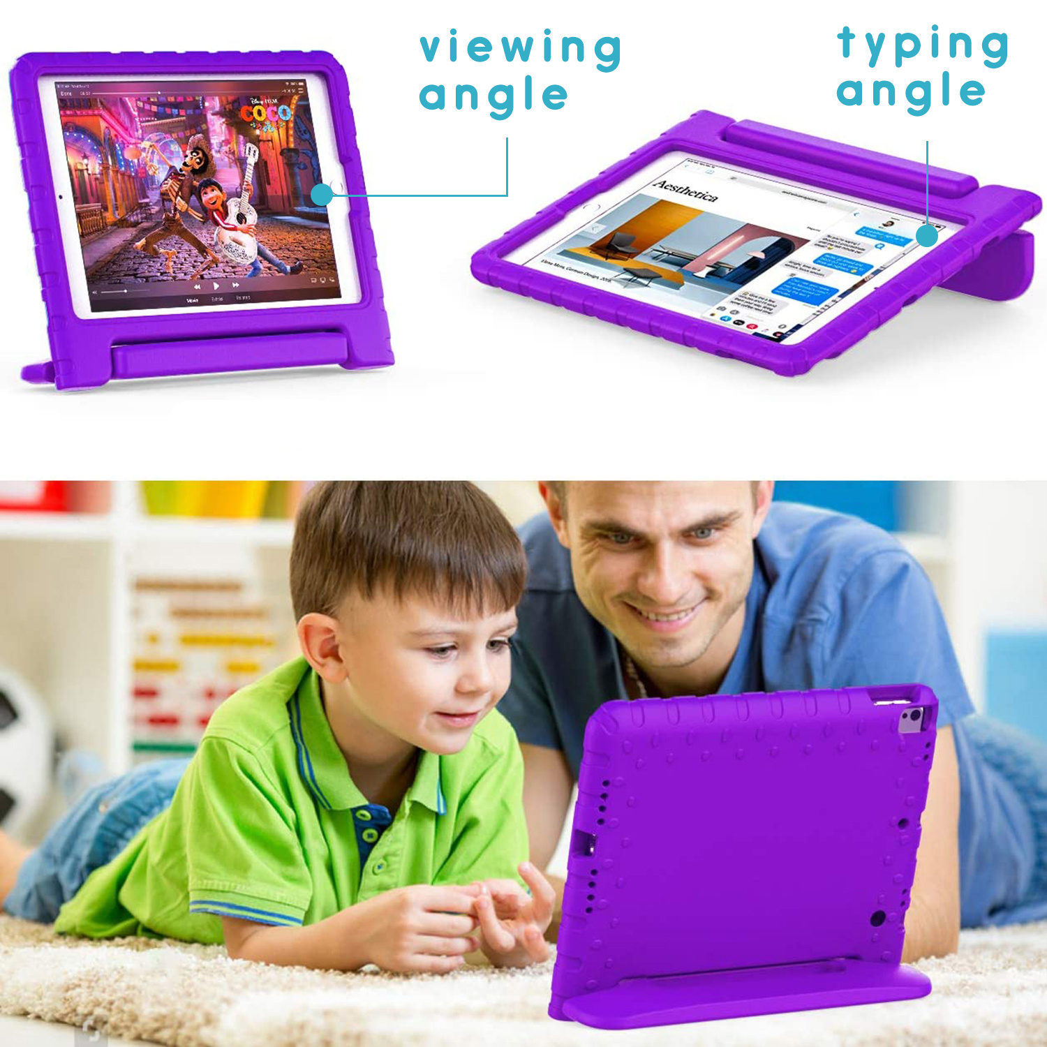 Een jongen en een man gebruiken een tablet in een paarse hoes. Het scherm toont een film.