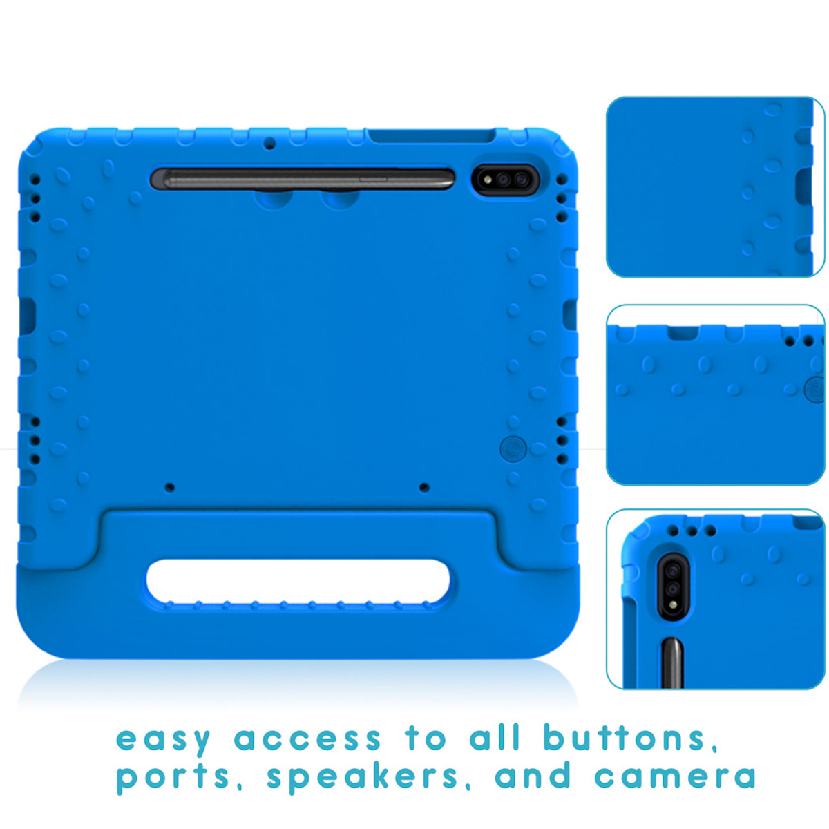 Blue tablet case with a handle and cutouts. Close-ups show ports and buttons. The case is blue.