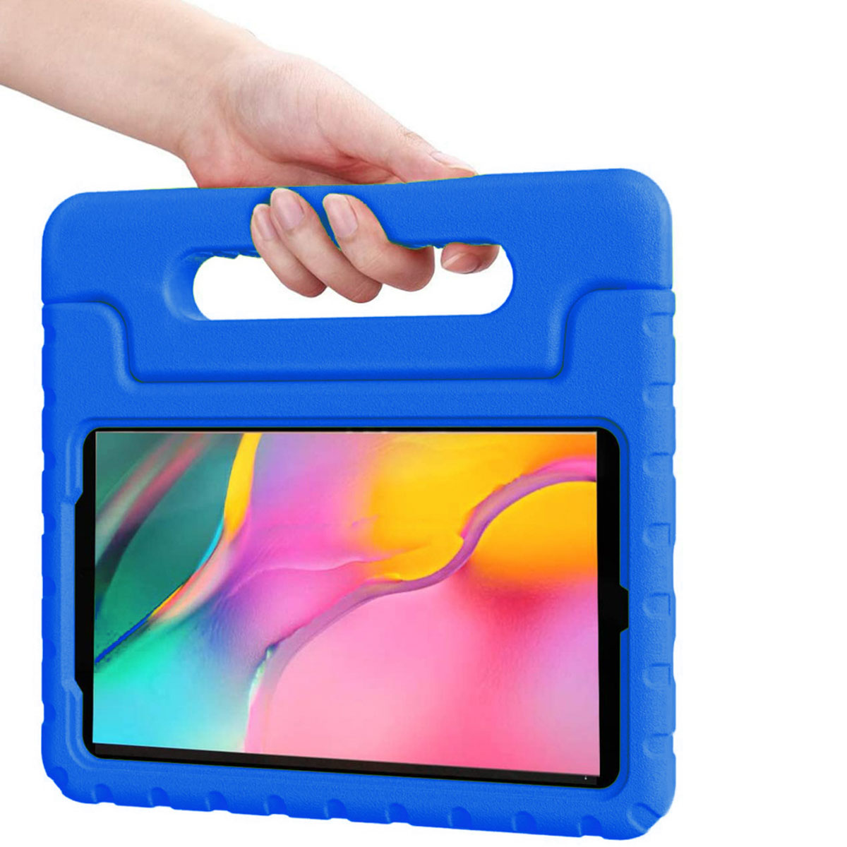 A hand is holding a blue tablet case. The tablet screen has a colorful background.