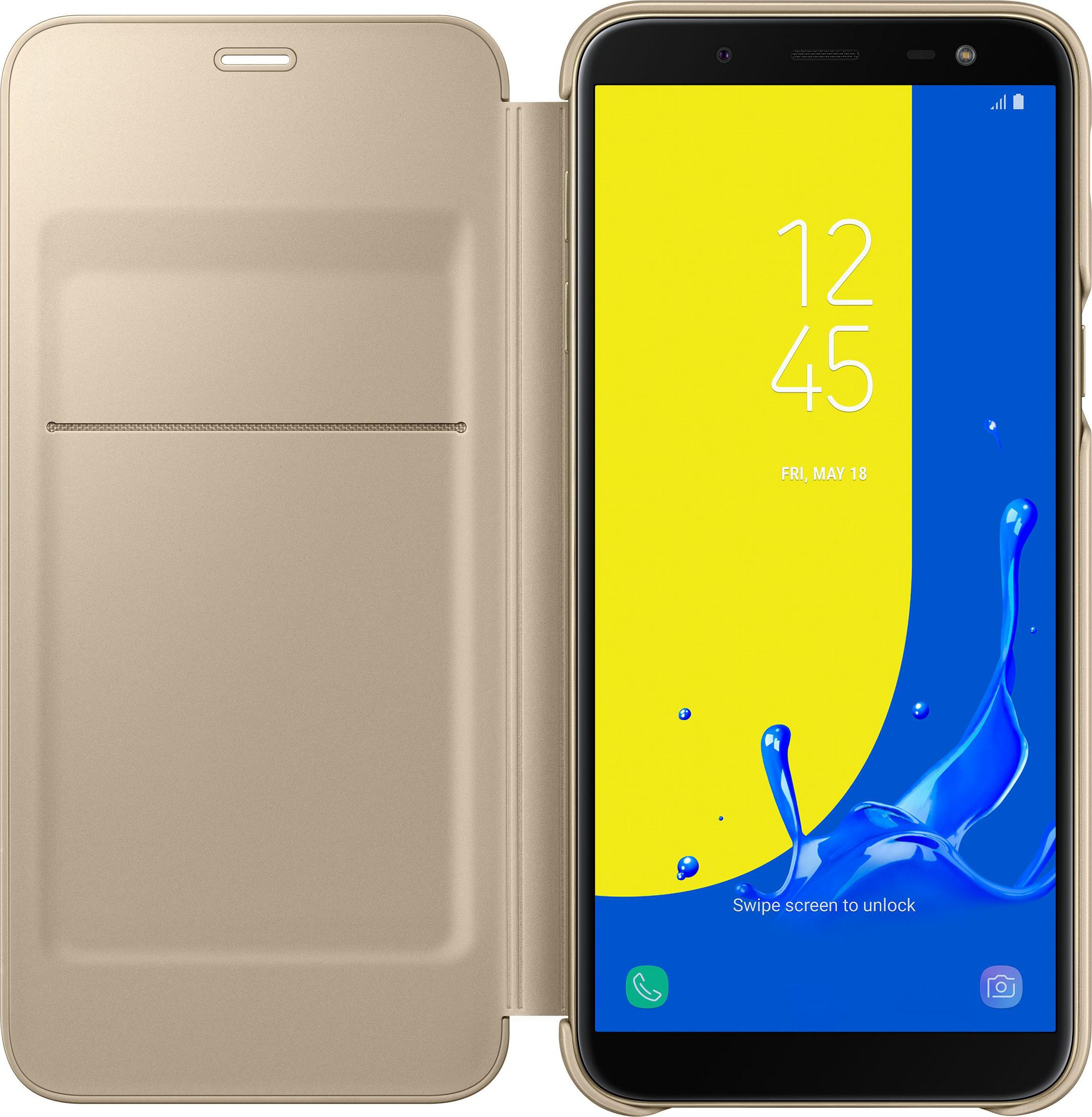 Geöffnete goldene Handyhülle mit Smartphone-Bildschirm mit gelben und blauen Grafiken.