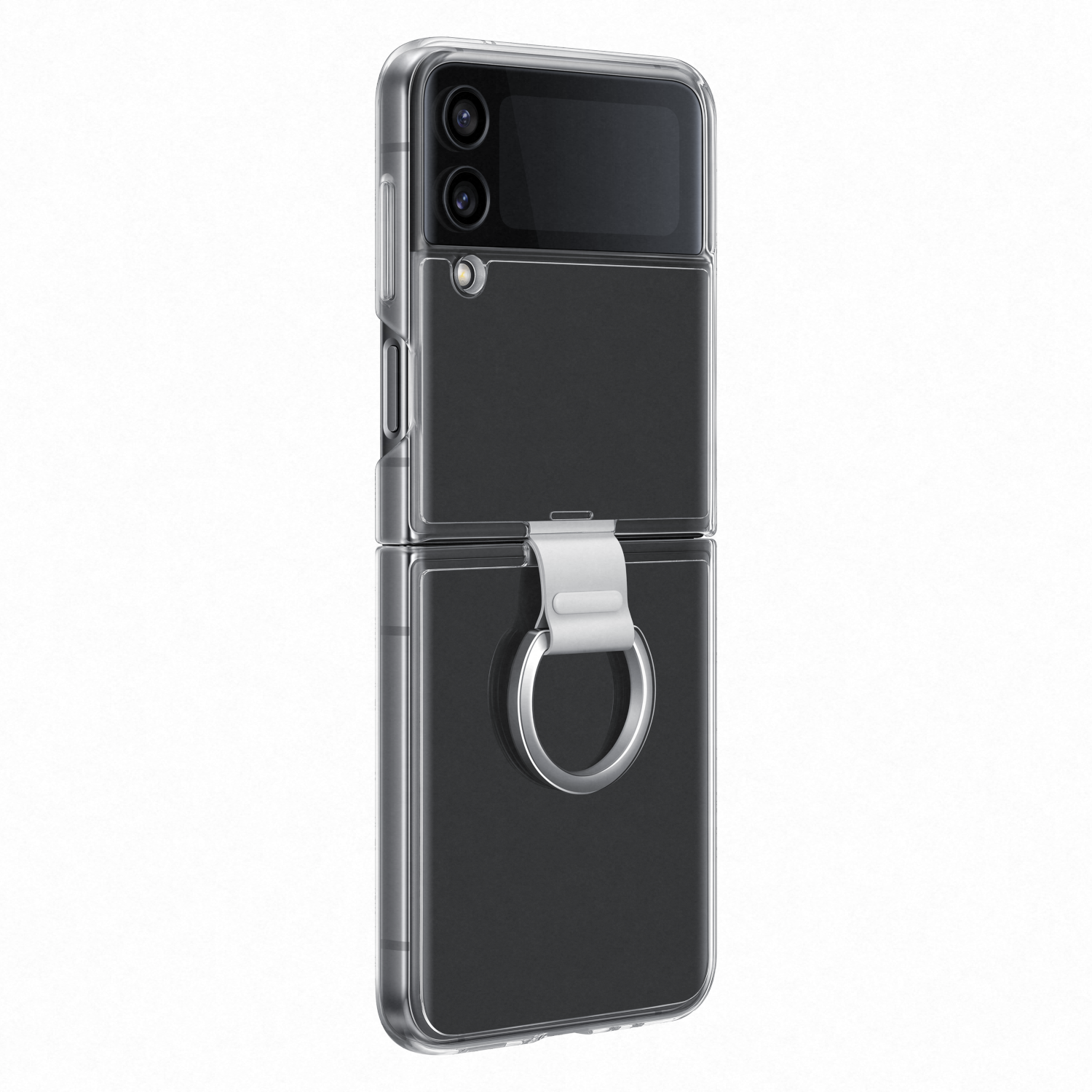 Składany telefon. Czarne ekrany, srebrny pierścień, przezroczysta obudowa.