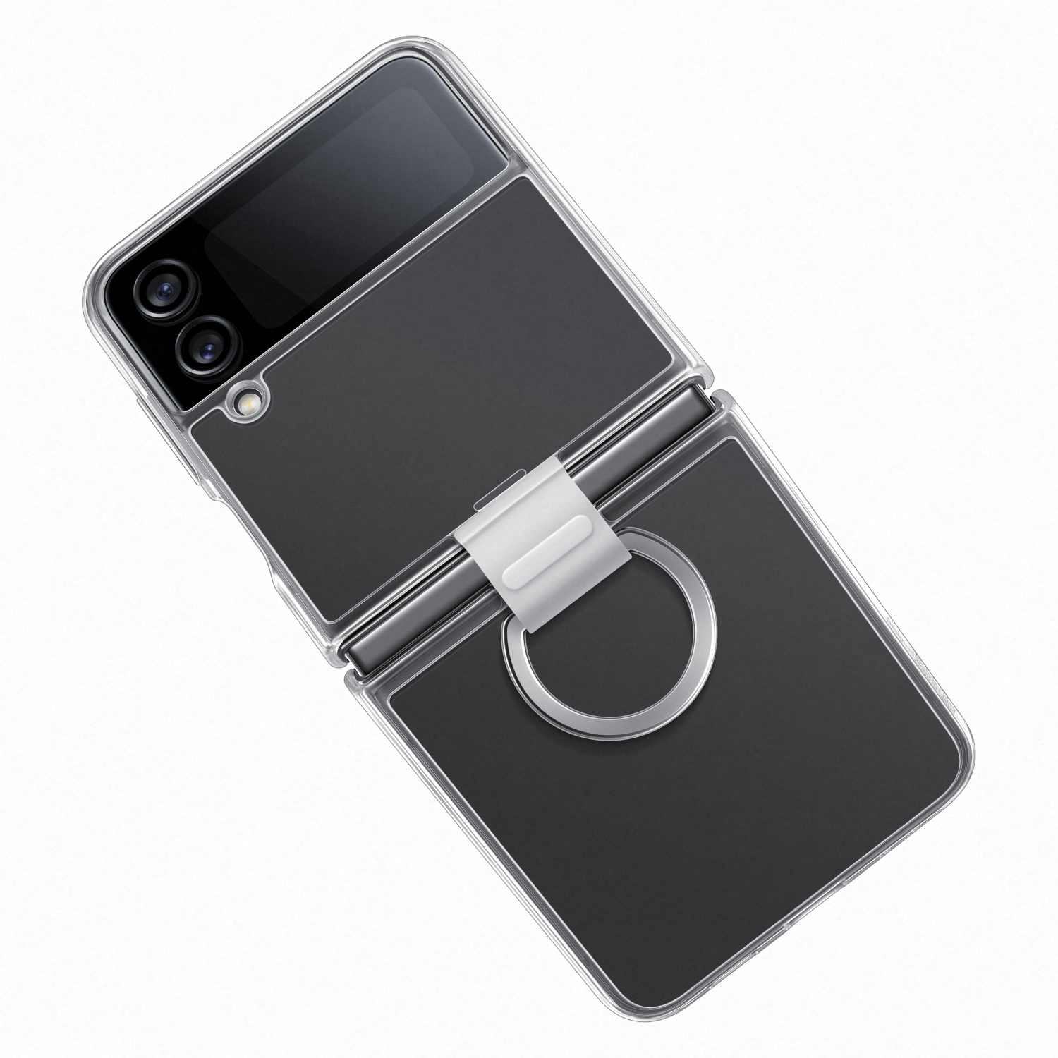 Składany telefon w etui, otwarty. Dołączony srebrny uchwyt na pierścień. Widoczne czarne ekrany.