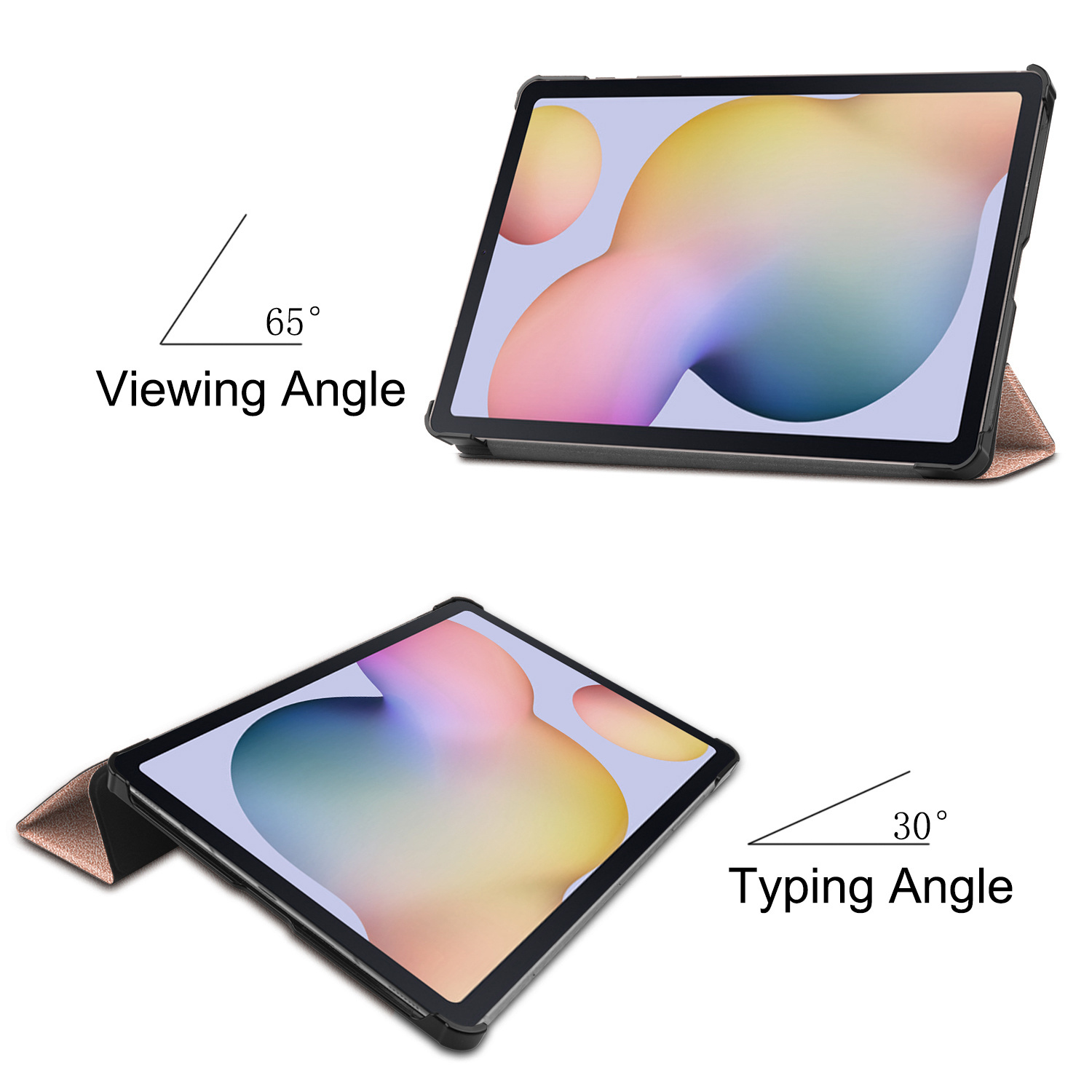 Tablettes à des angles de vision et de frappe, affichant un écran coloré. Angles de 65 et 30 degrés.