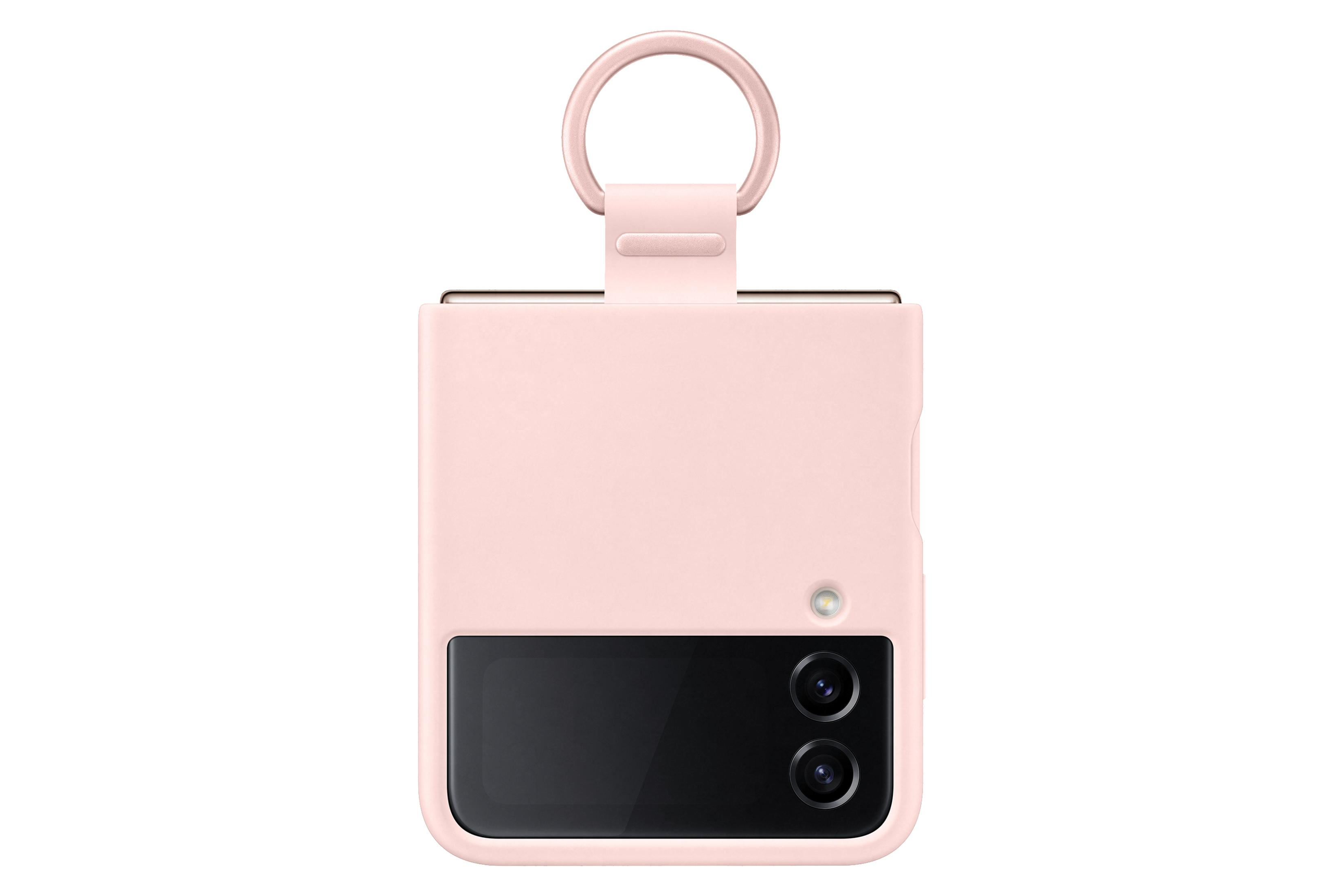 Eine rosa Handyhülle mit Schlaufe, die Kamera und Bildschirm des Telefons zeigt.
