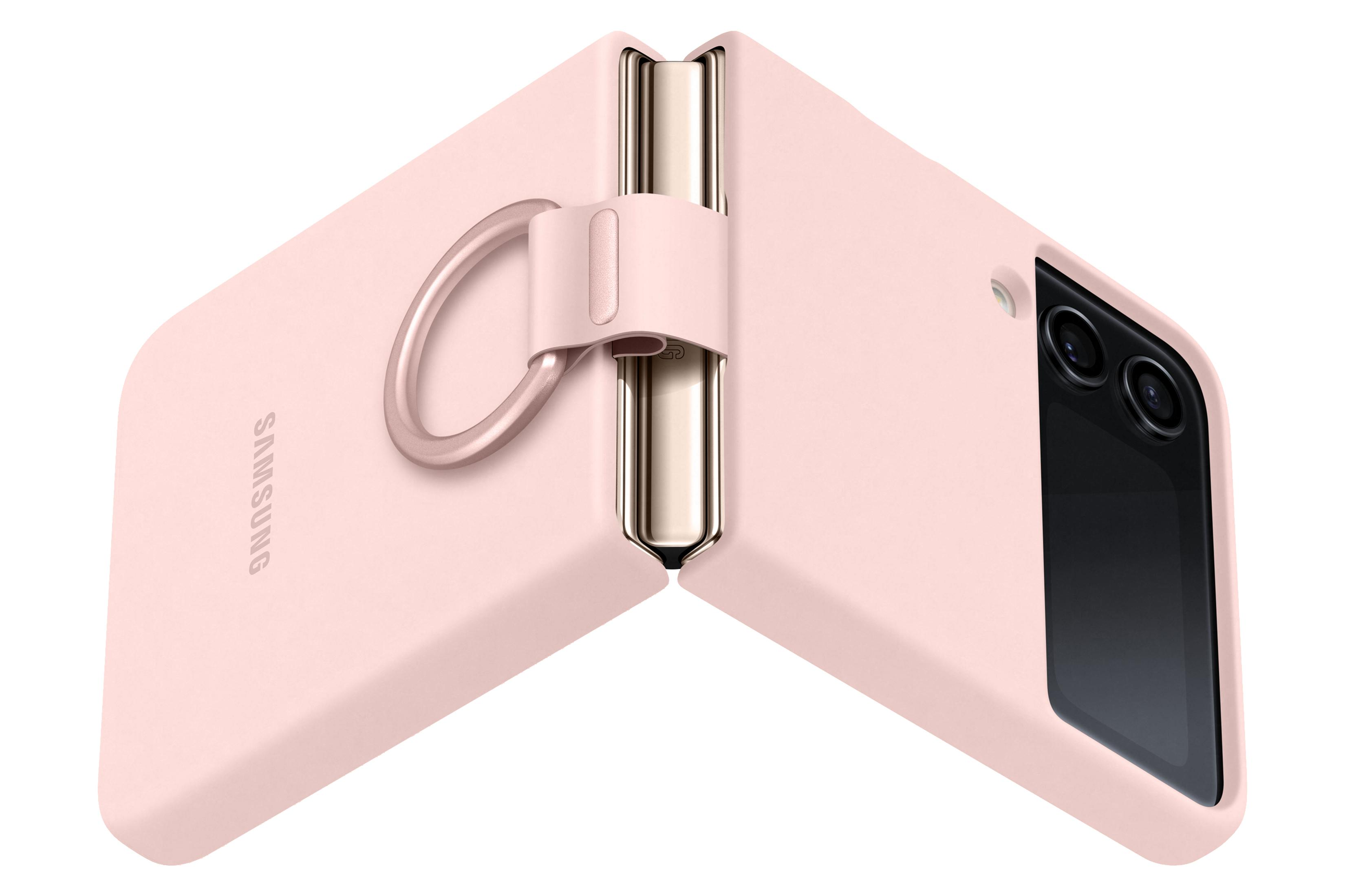 Rosa Samsung Handyhülle, geöffnet. Sie hat einen Ringhalter und einen Kameraausschnitt. Das Handy ist rosa.