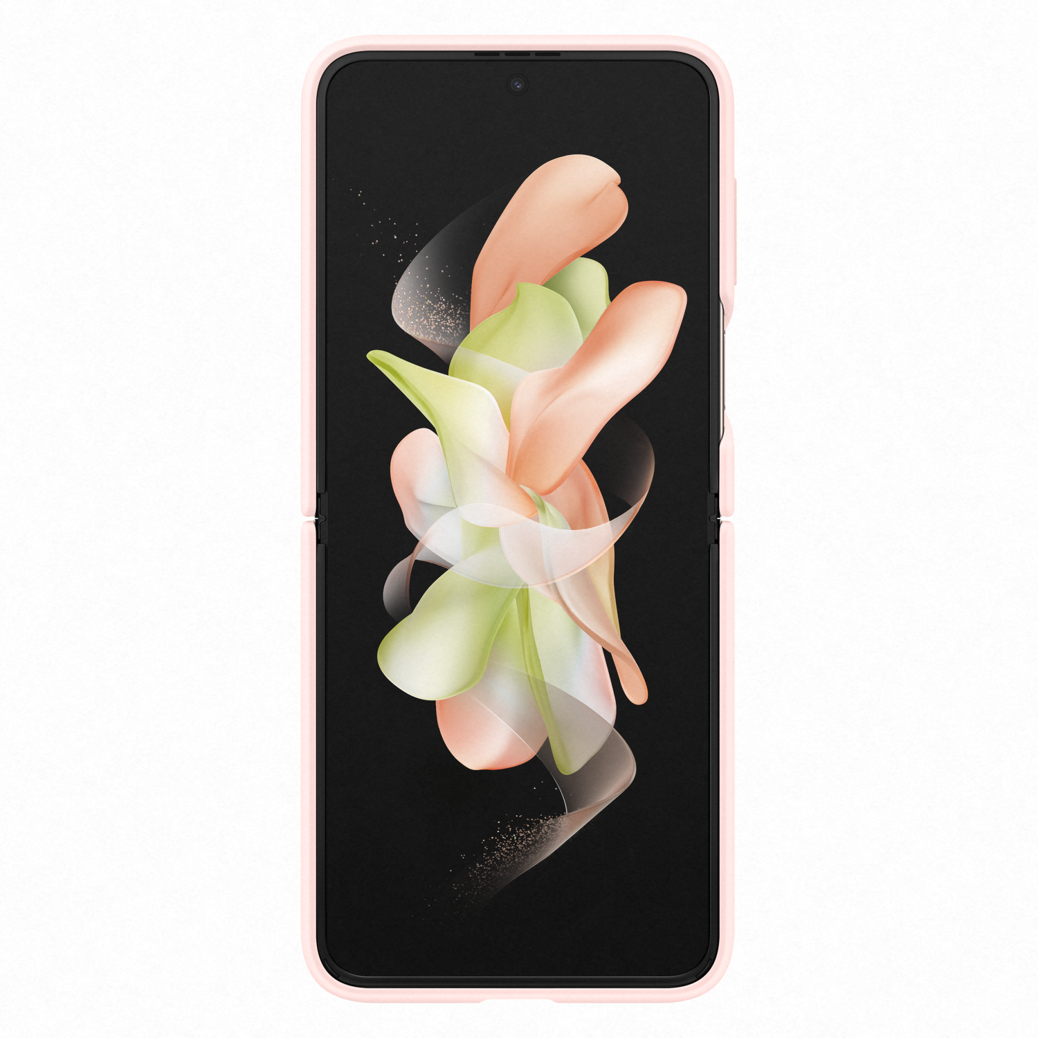 Pinkes Telefon mit floralem Hintergrund auf dem Bildschirm. Pinke Ränder, auf weißem Hintergrund.