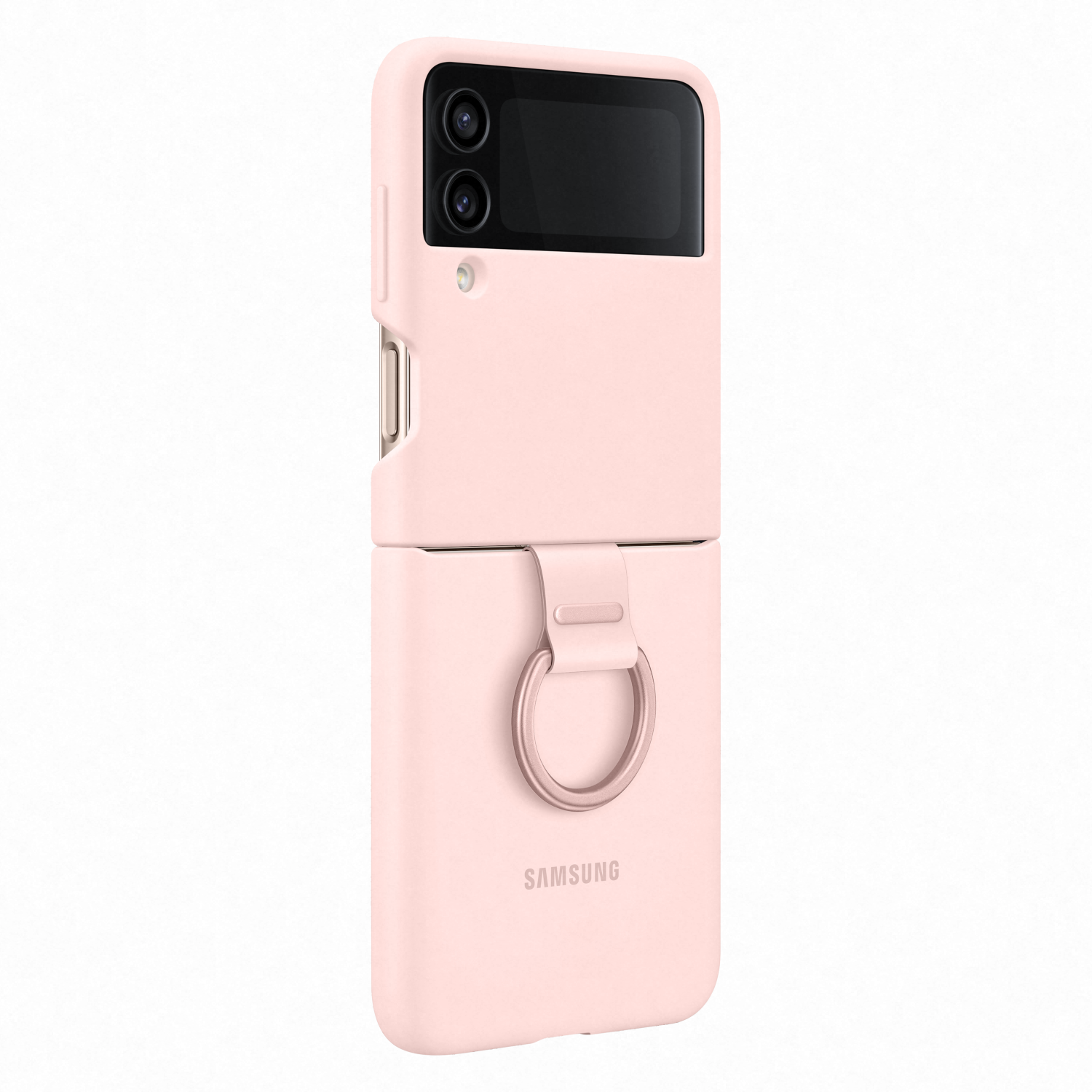 Geöffnete, rosa Handyhülle, die die Rückseite des Telefons mit Kameras und Ring zeigt.