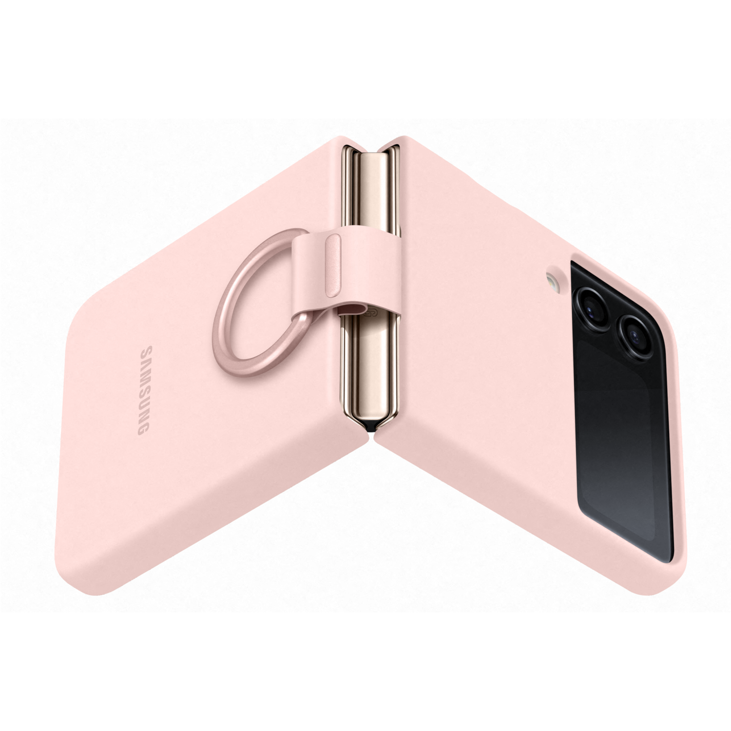 Eine pinkfarbene Samsung-Handyhülle, geöffnet, mit einem Ringhalter. Telefon ist nicht sichtbar.