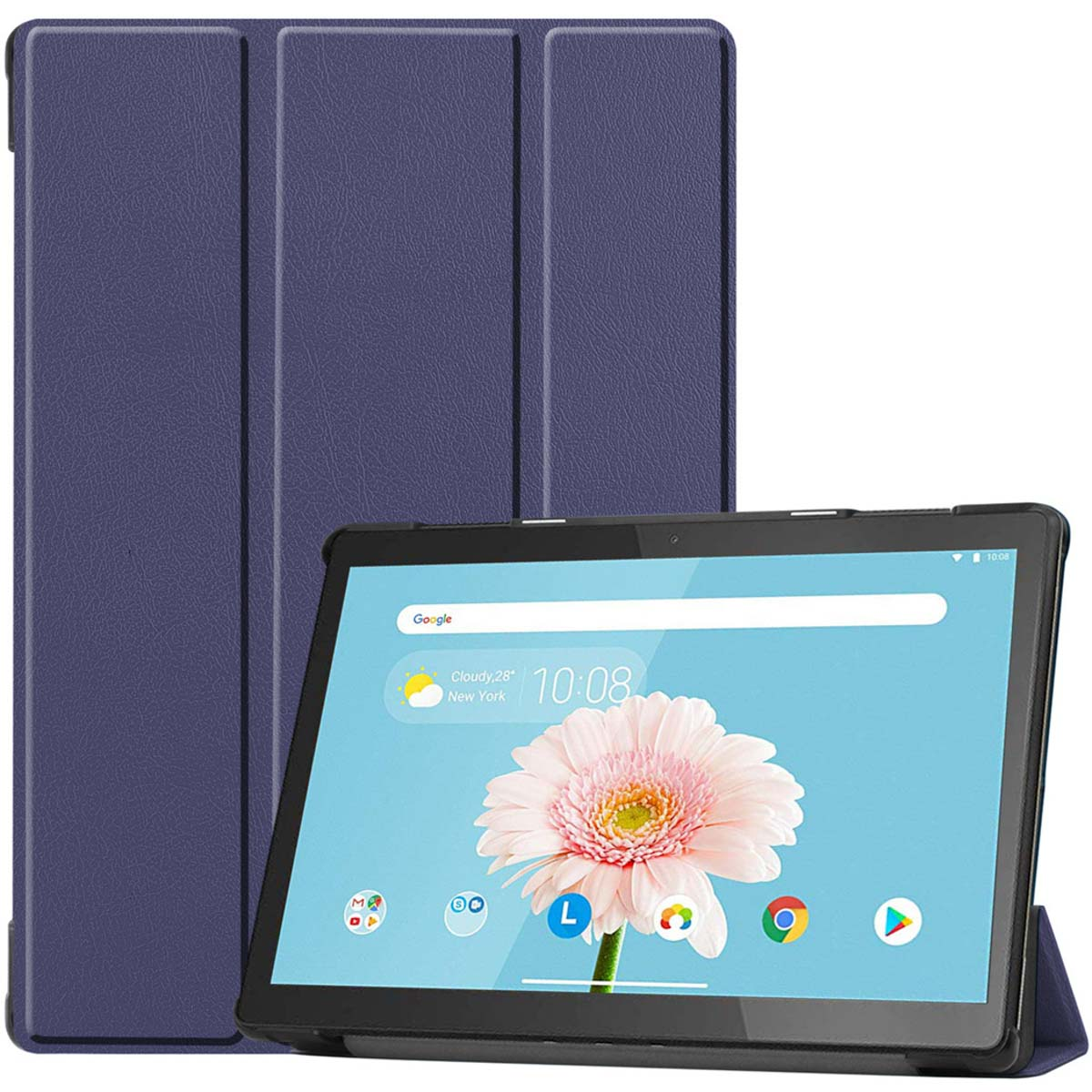 Tablet with a blue case, propped up, with a flower on the screen.