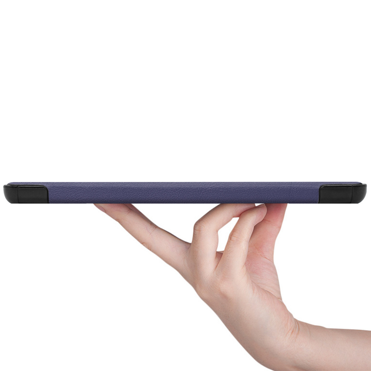 A hand holds a dark blue tablet case with black trim.