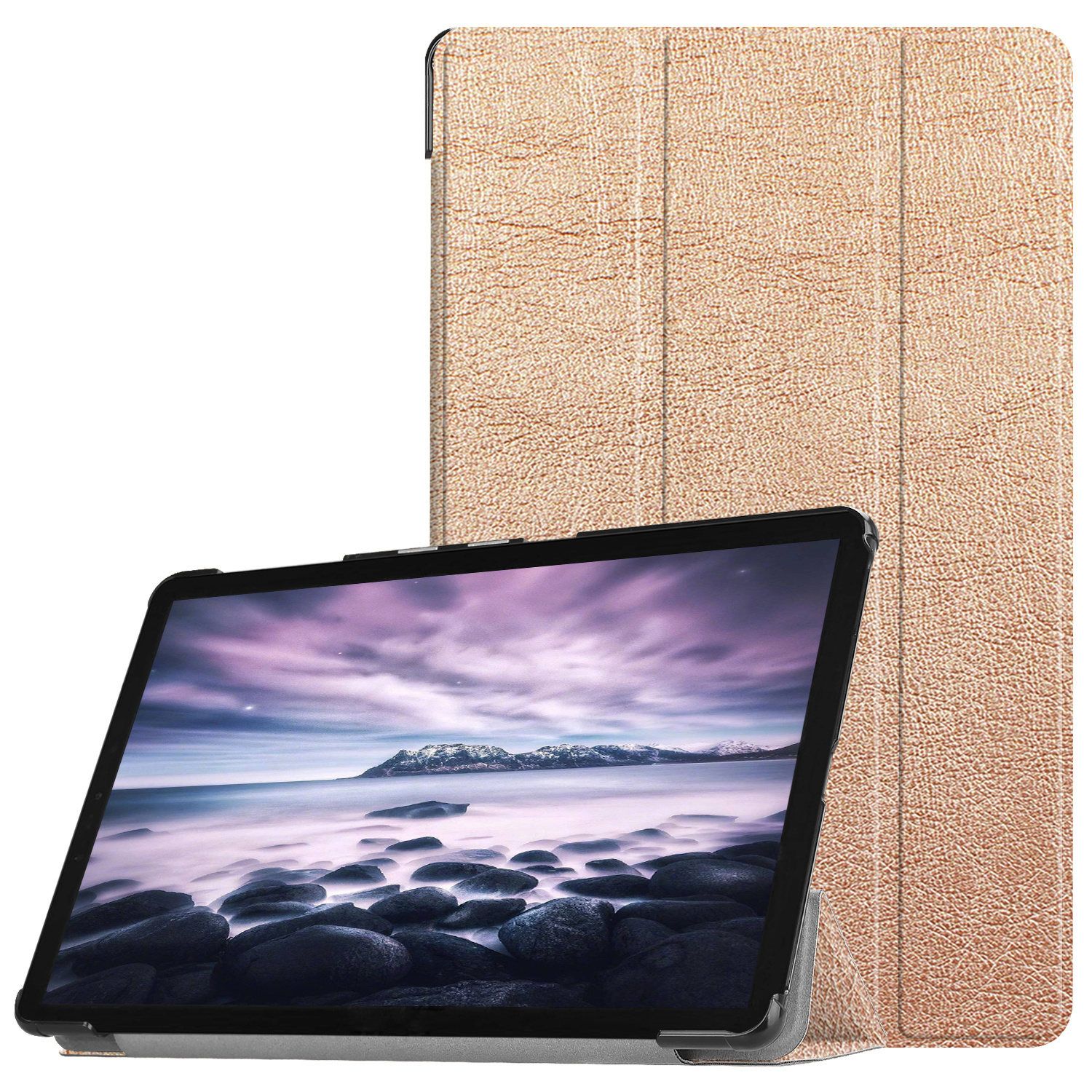 Une tablette affichant une scène de côte rocheuse au coucher du soleil dans un étui.