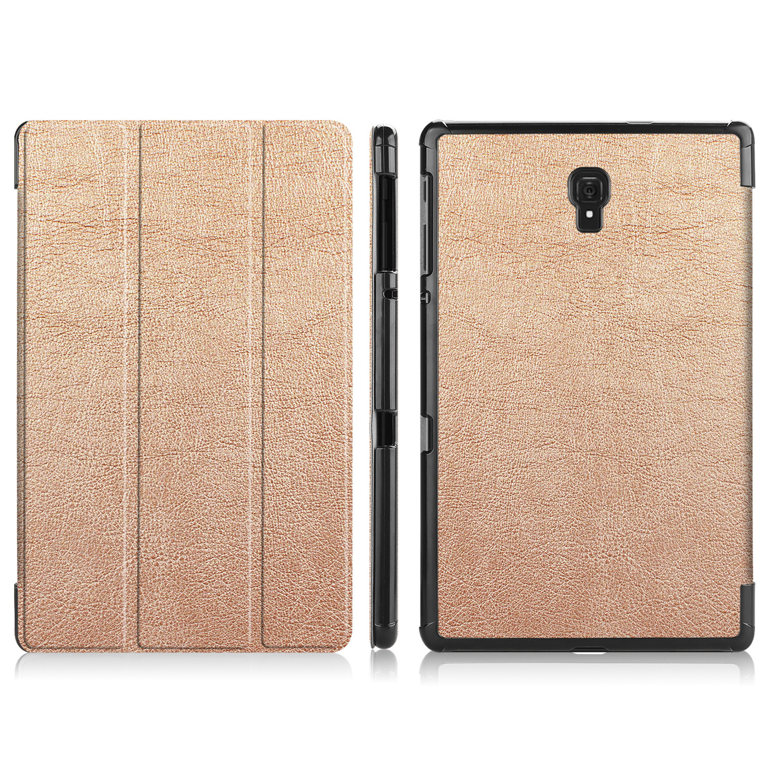 Un étui pour tablette beige, montré fermé et ouvert.