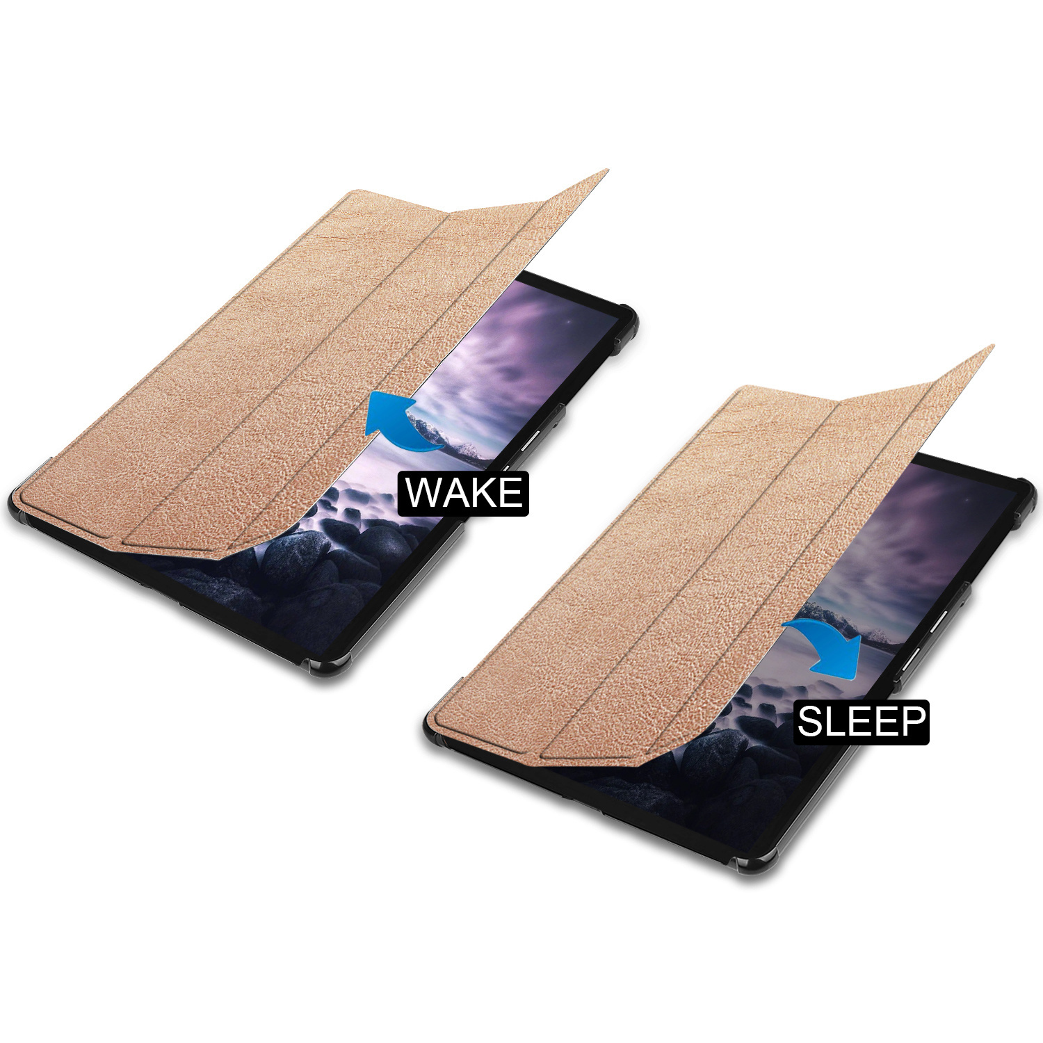 Deux tablettes avec couvertures ouvertes, l'une affichant "WAKE", l'autre "SLEEP".