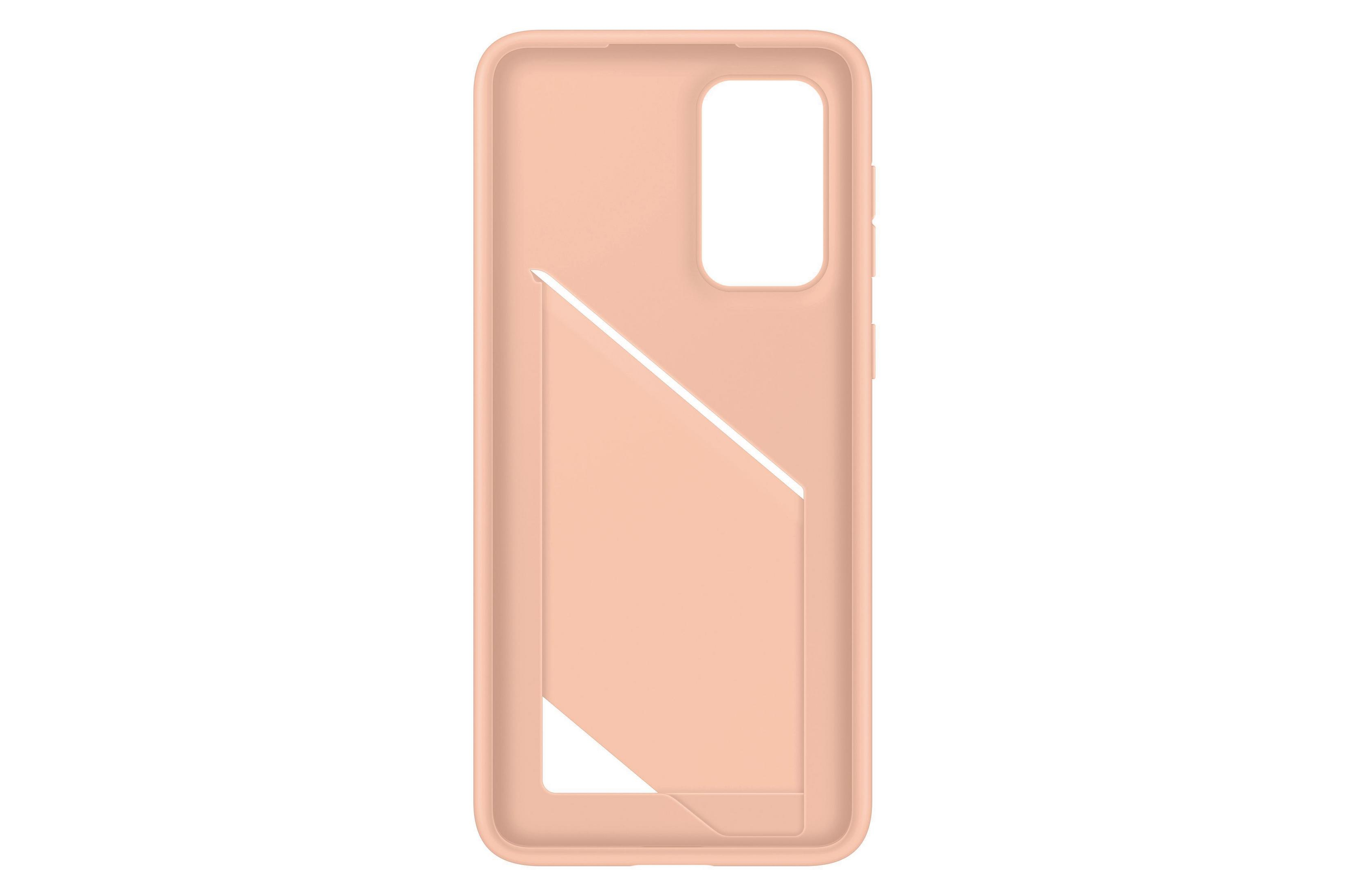 Funda de teléfono color melocotón con recorte para cámara y ranuras para tarjetas.