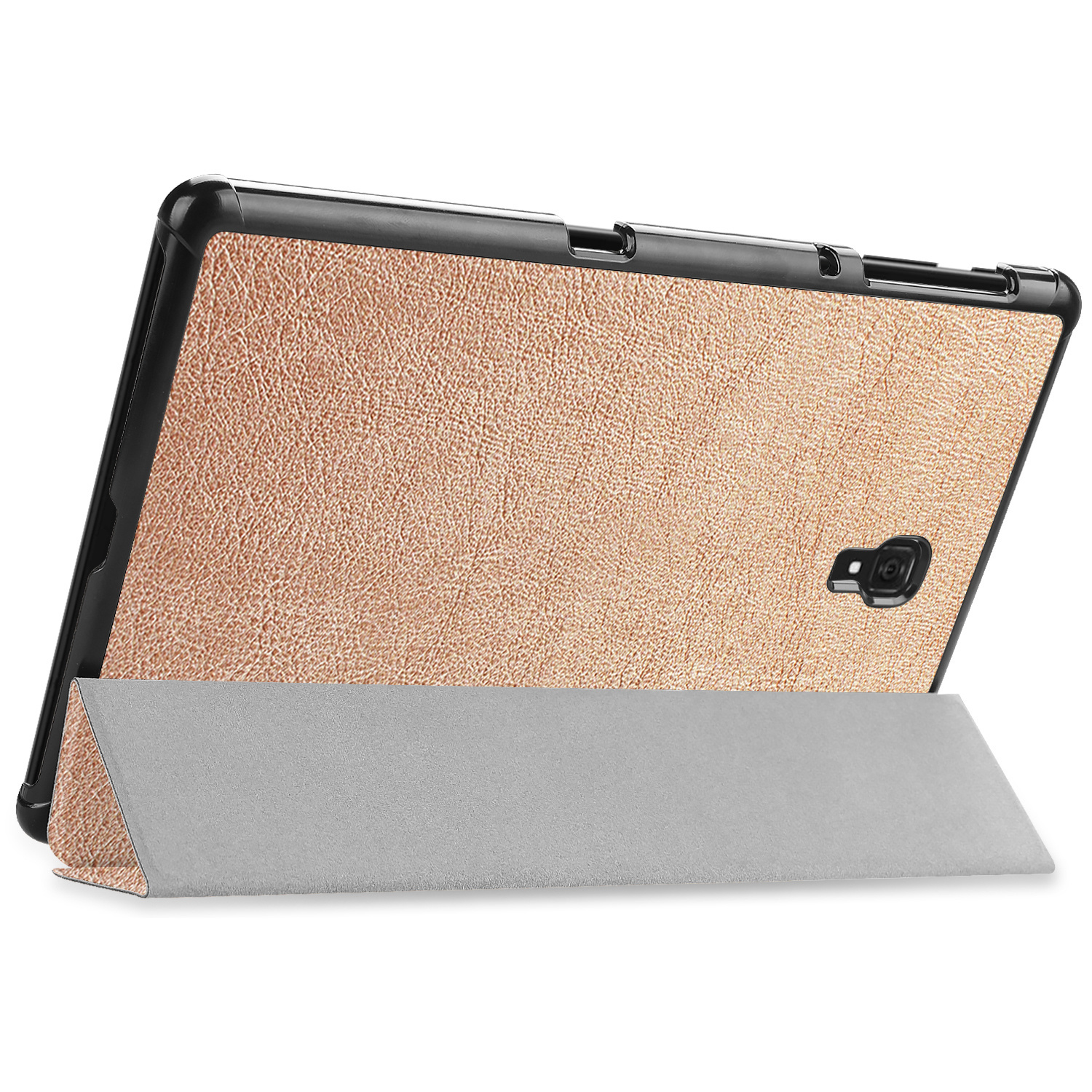 Une tablette or rose dans un étui effet cuir avec support intégré.
