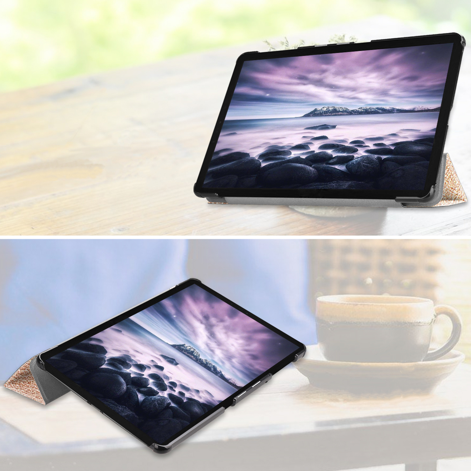 Une tablette affichant une scène de paysage est posée sur une table en bois.