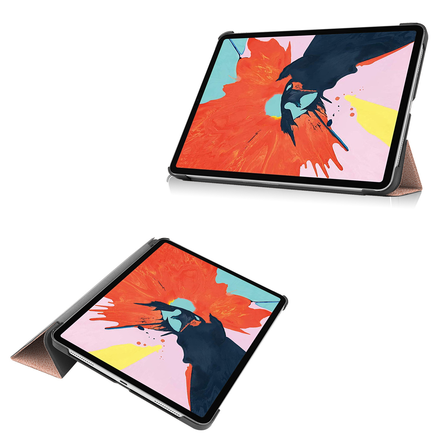 Ein Tablet in einer Hülle mit abstraktem Bild auf dem Bildschirm.