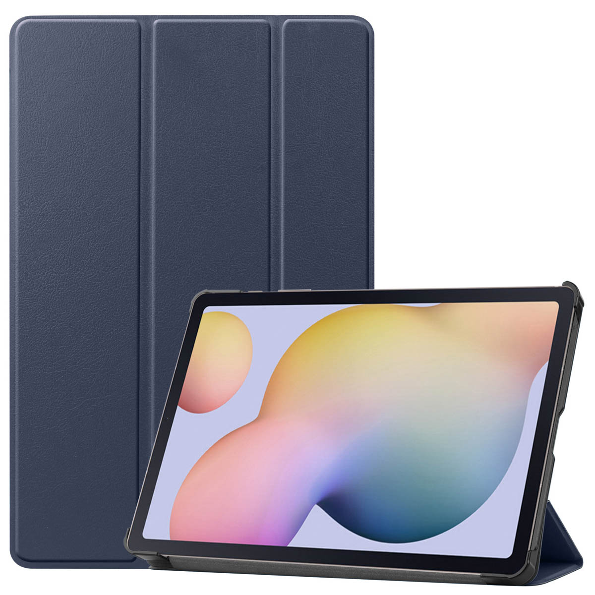 Marineblauwe tablethoes met tablet erin. Tablet op de voorgrond, hoes op de achtergrond.