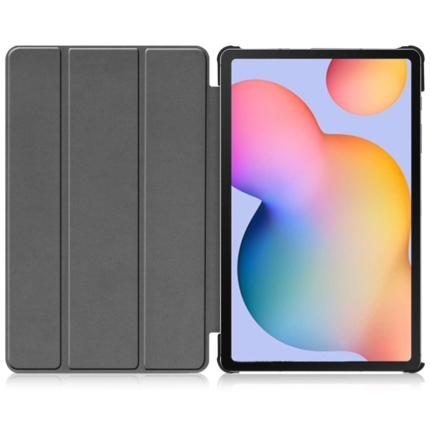 Tablet in een grijze hoes, open om het scherm te onthullen. Het scherm toont abstracte kleurrijke vormen.