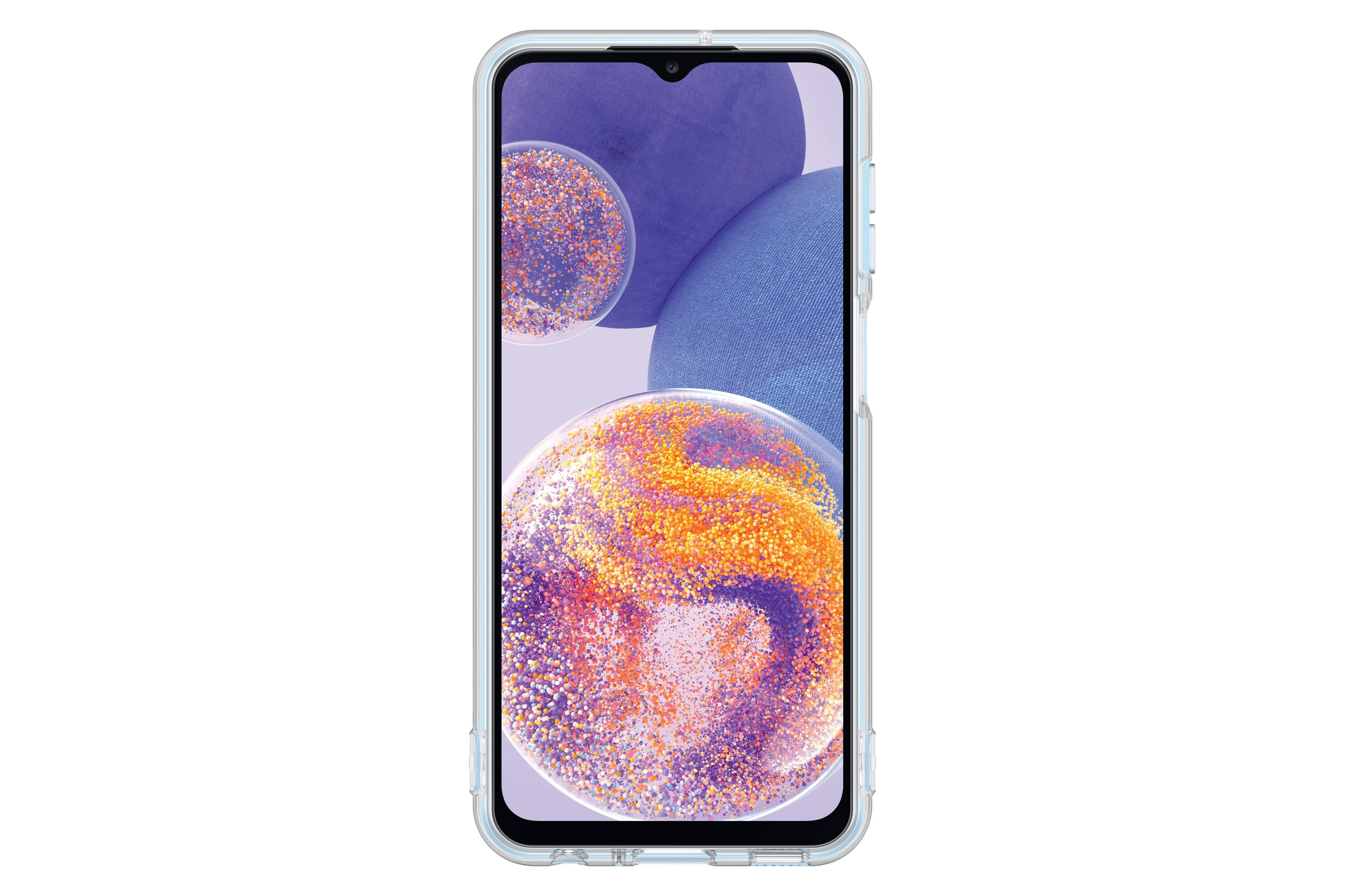 Un teléfono en una funda transparente. La pantalla muestra una imagen borrosa y colorida. Fondo blanco.