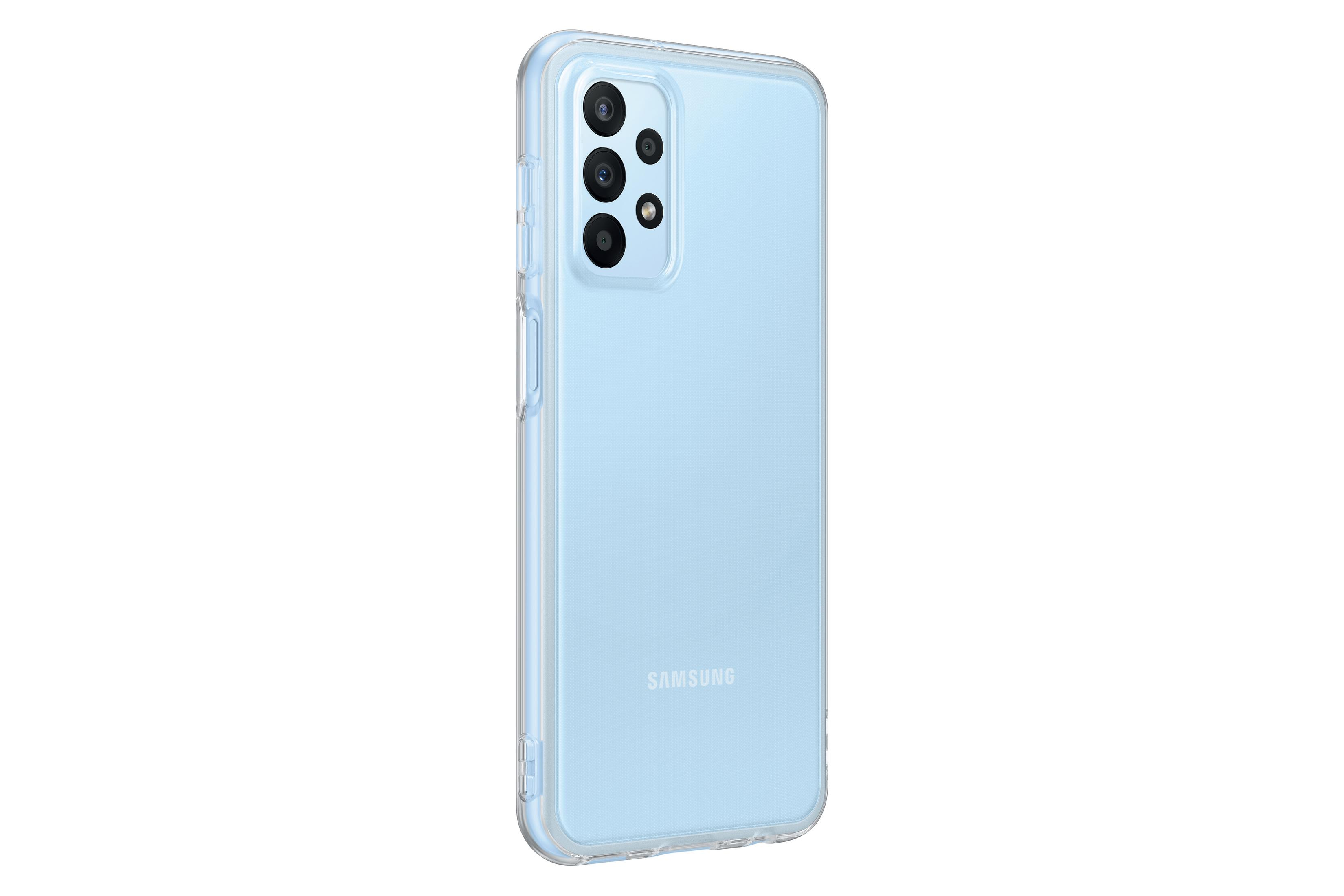 Teléfono azul claro con funda transparente, tres cámaras y fondo blanco.