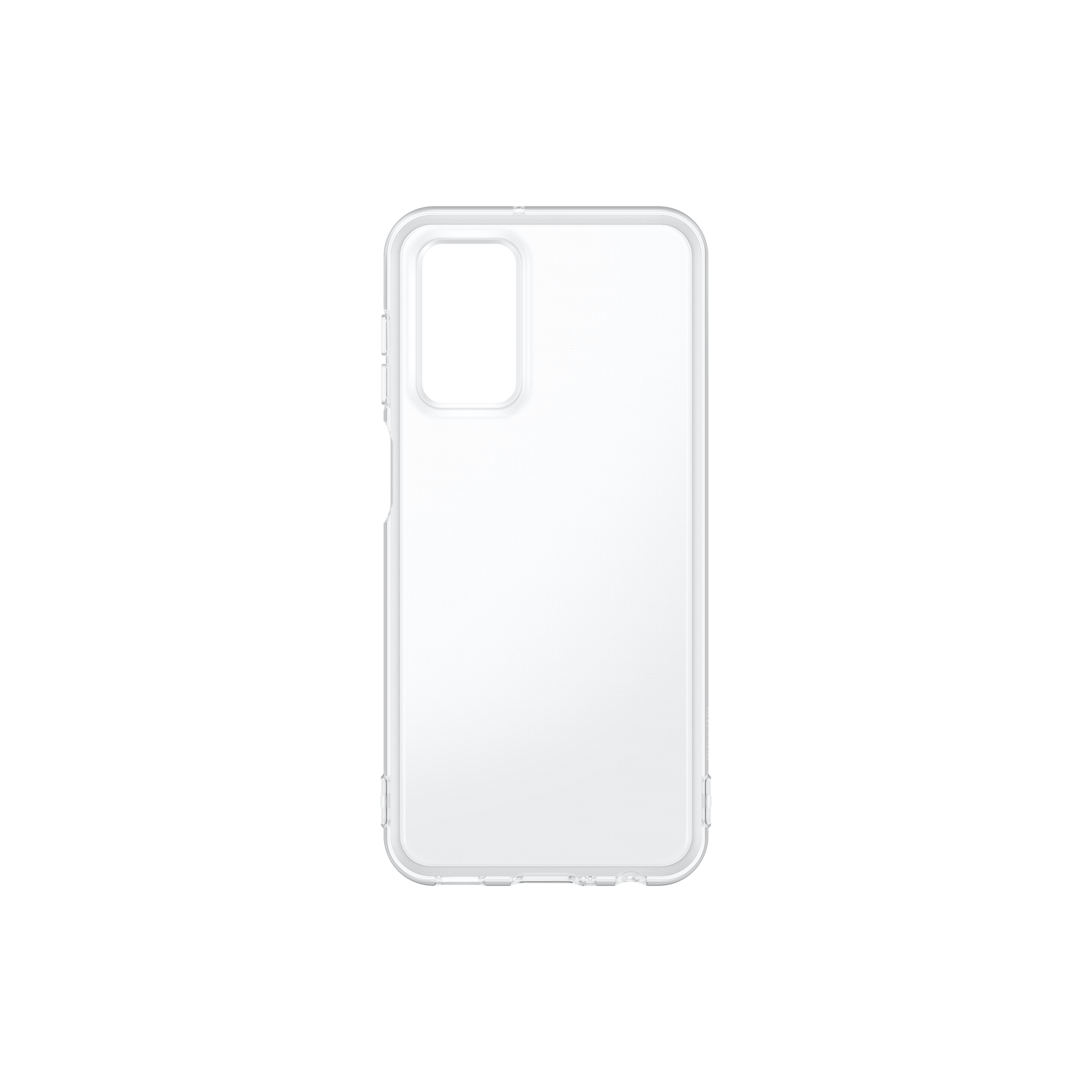 Funda transparente para teléfono sobre fondo negro. Tiene un recorte para la cámara.