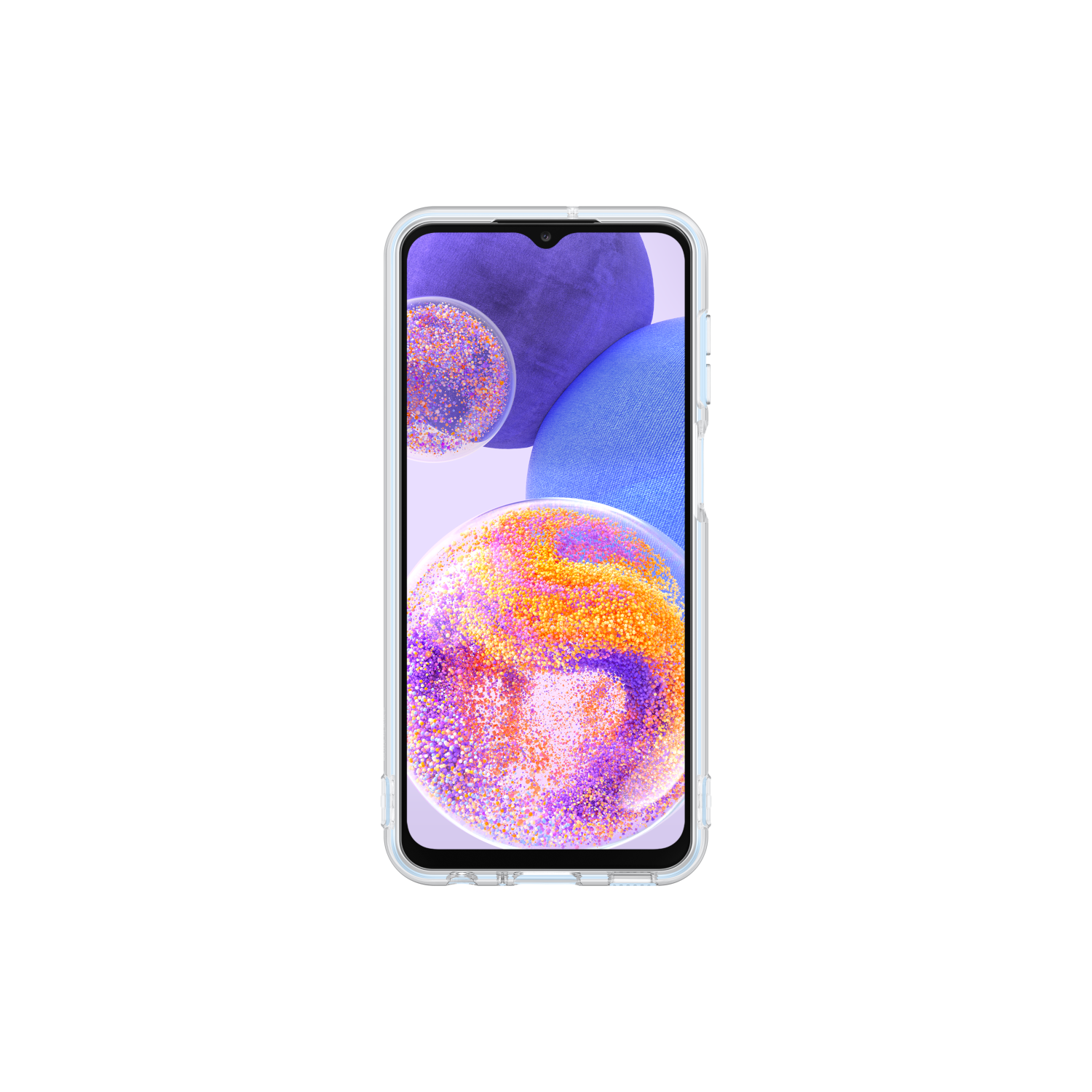 Un smartphone con una funda transparente, mostrando burbujas coloridas en la pantalla, sobre un fondo negro.