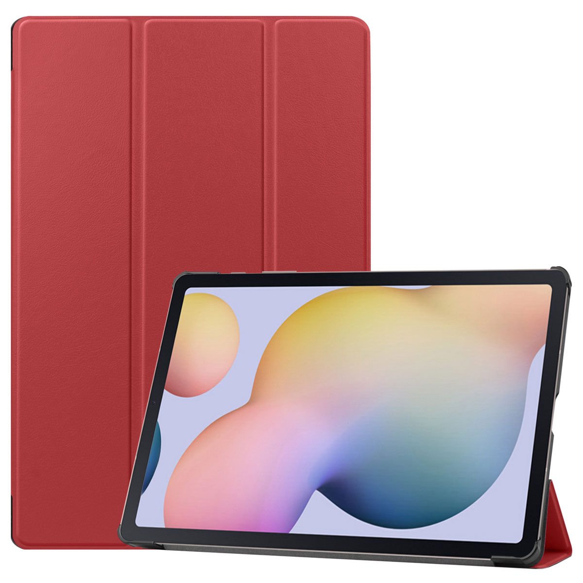 Rode tablethoes met een tablet erin. Het scherm toont een kleurrijke afbeelding.