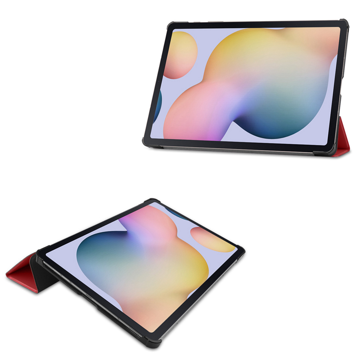 Twee tablets, één rechtop en één onder een hoek. Beide zijn zwart met kleurrijke abstracte achtergronden. Witte achtergrond.