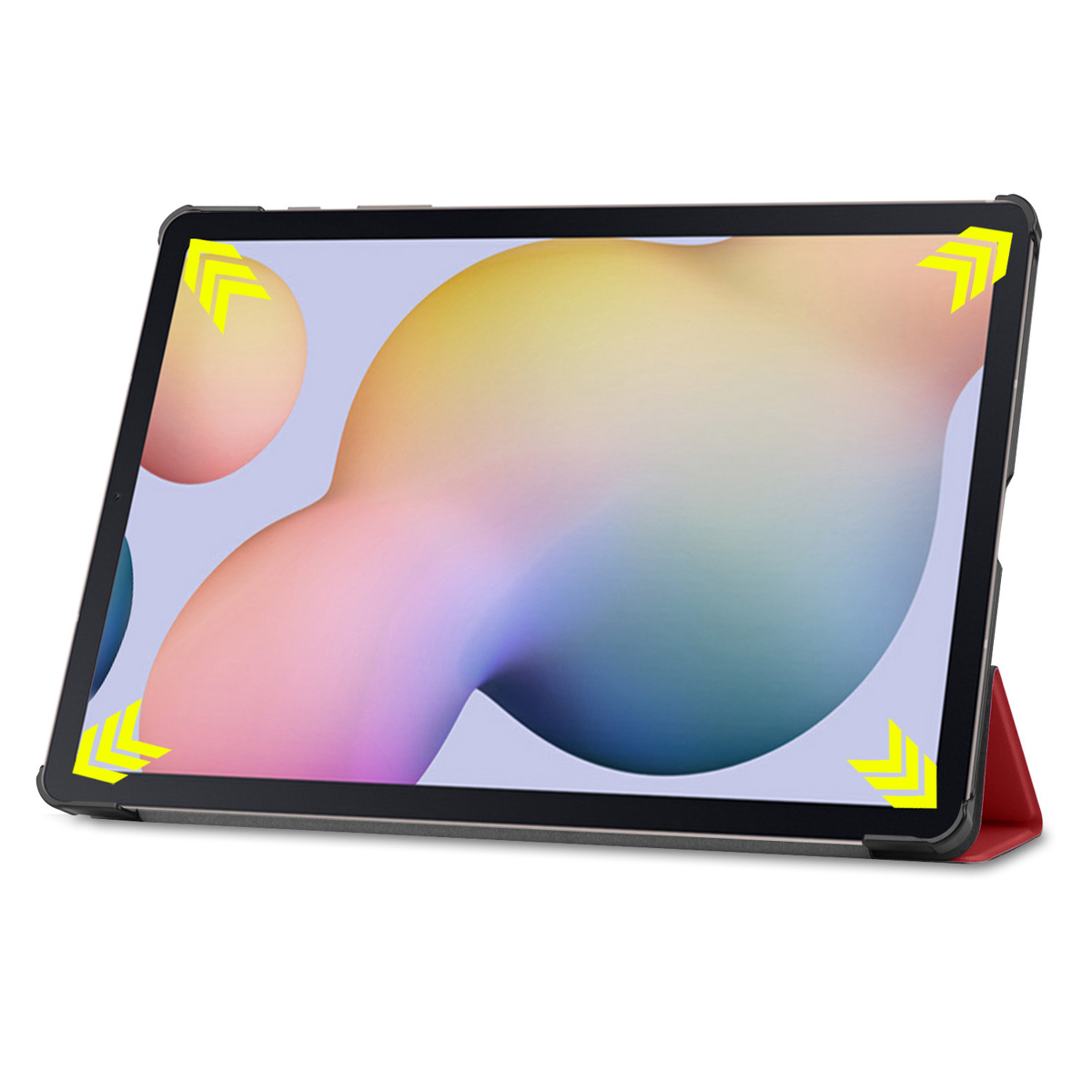 Tablet in een hoes, met een wazige, kleurrijke achtergrond. Gele hoekindicatoren aanwezig.