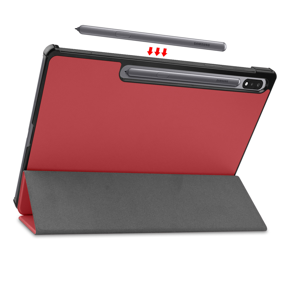 Tablet met stylus, in een rode en grijze hoes. De stylus wordt getoond terwijl deze aan de hoes wordt bevestigd.