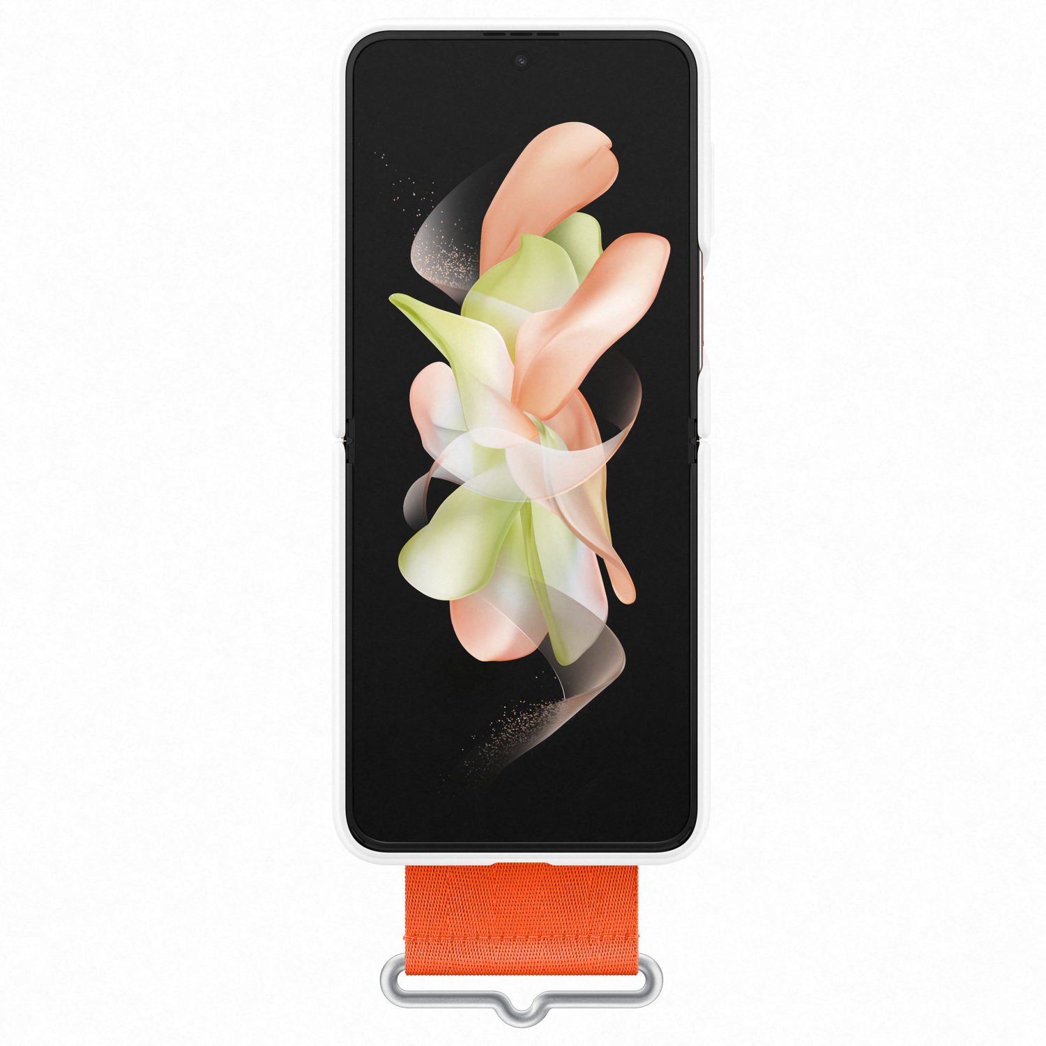 Ein zusammengeklapptes Telefon mit weißem Gehäuse und einem orangefarbenen Riemen. Der Bildschirm hat bunte Formen.
